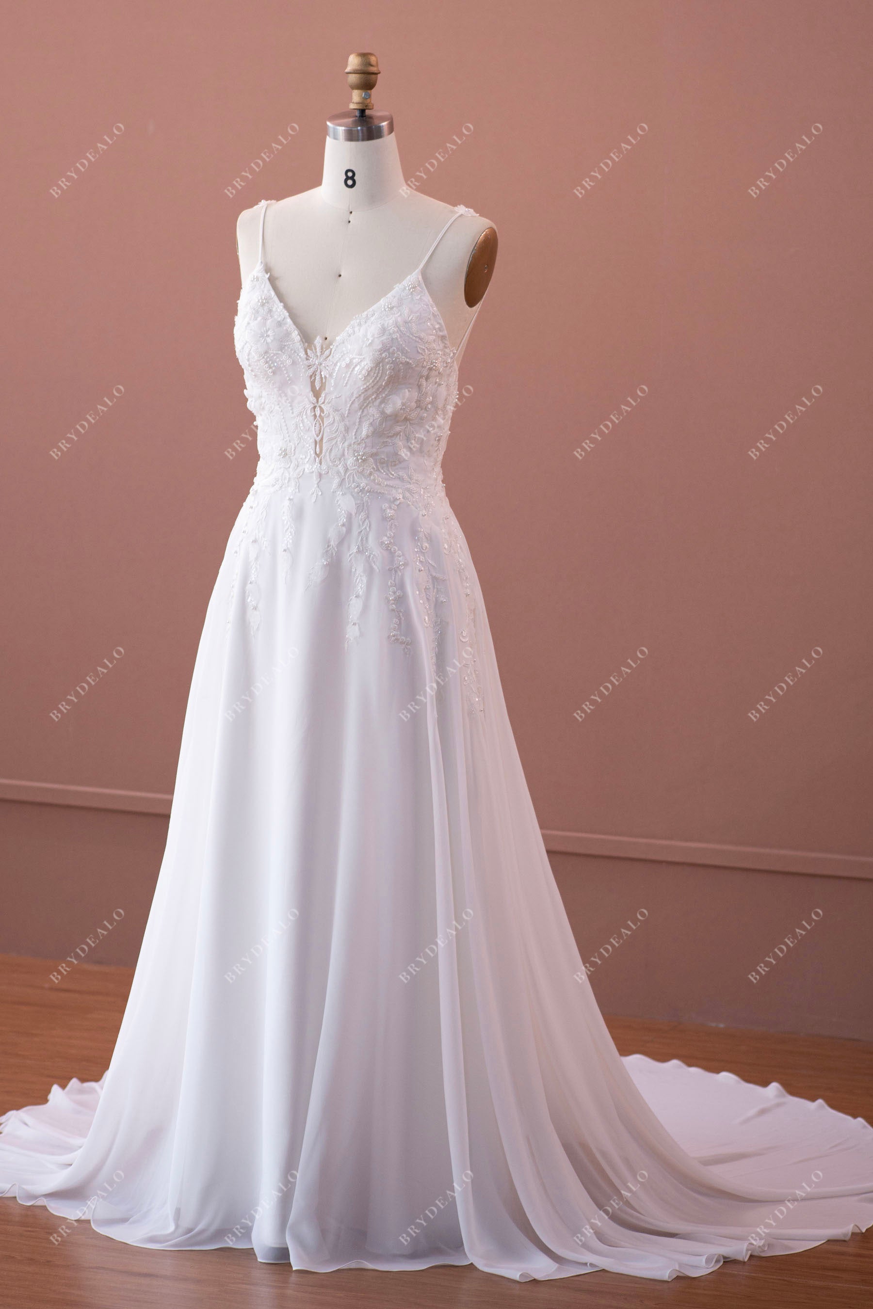 designer straps flowy chiffon lace appliqued long bridal dress 