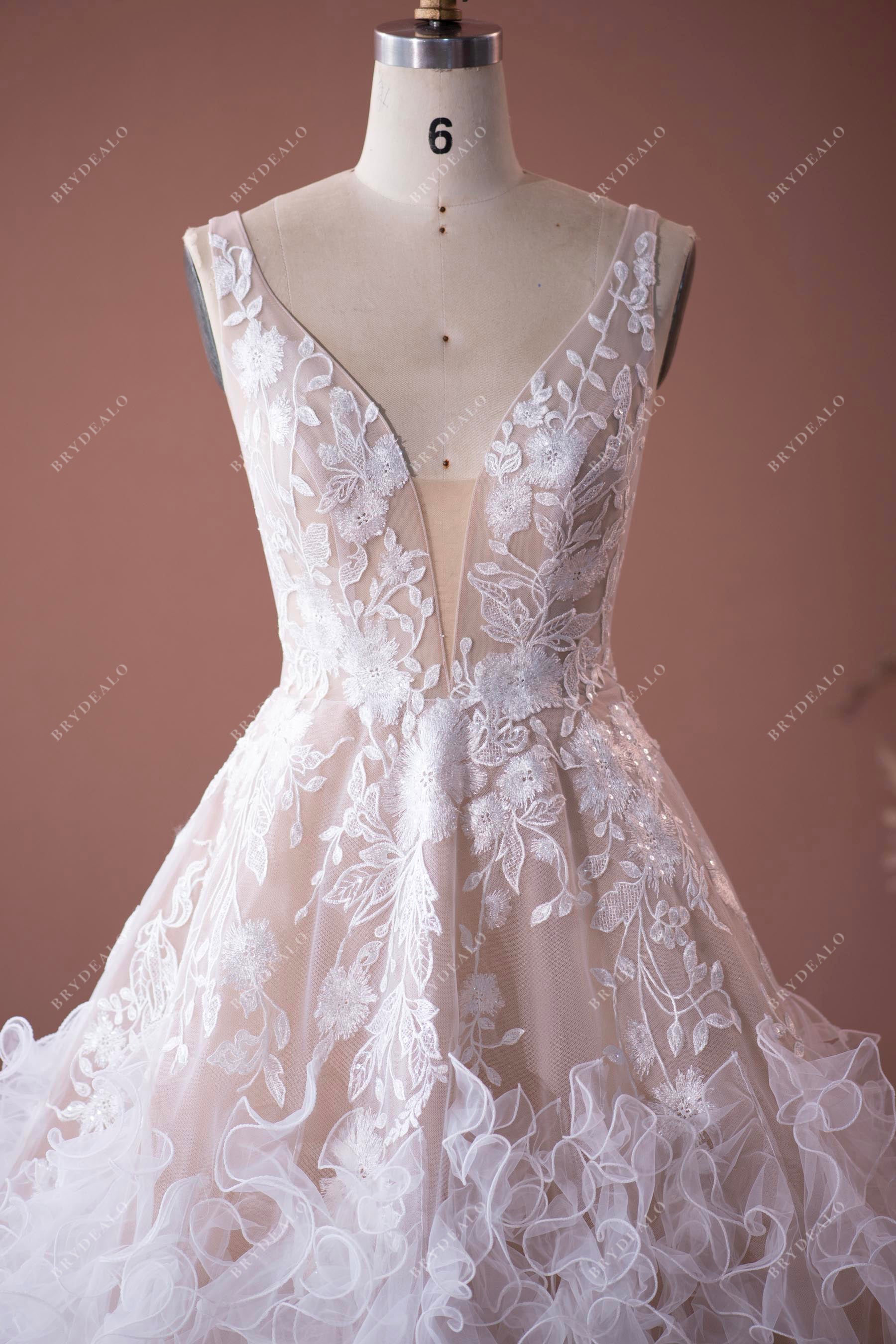 straps lace illusion plunging neck sample sale wedding dress