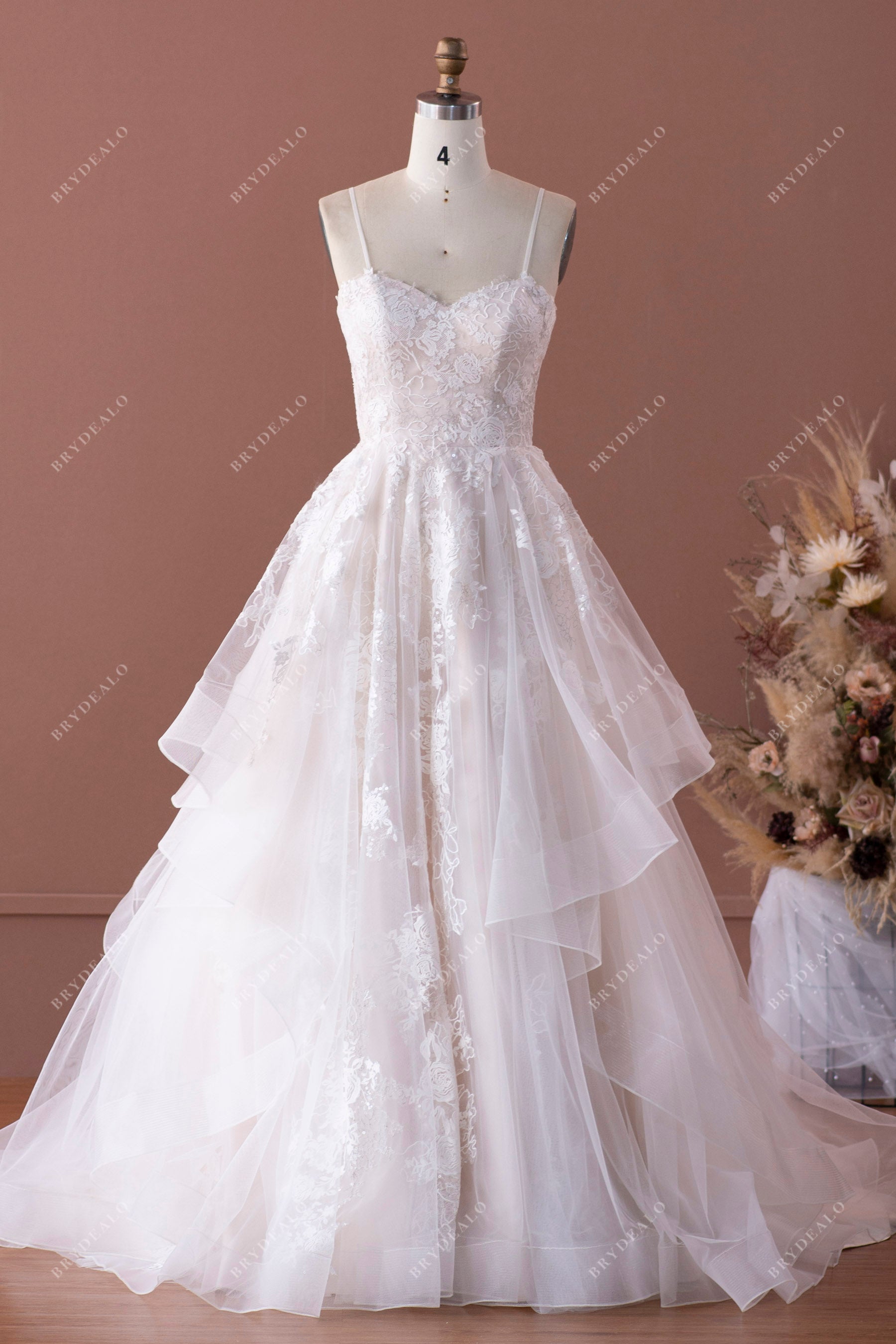 straps lace tulle ruffled wedding dress