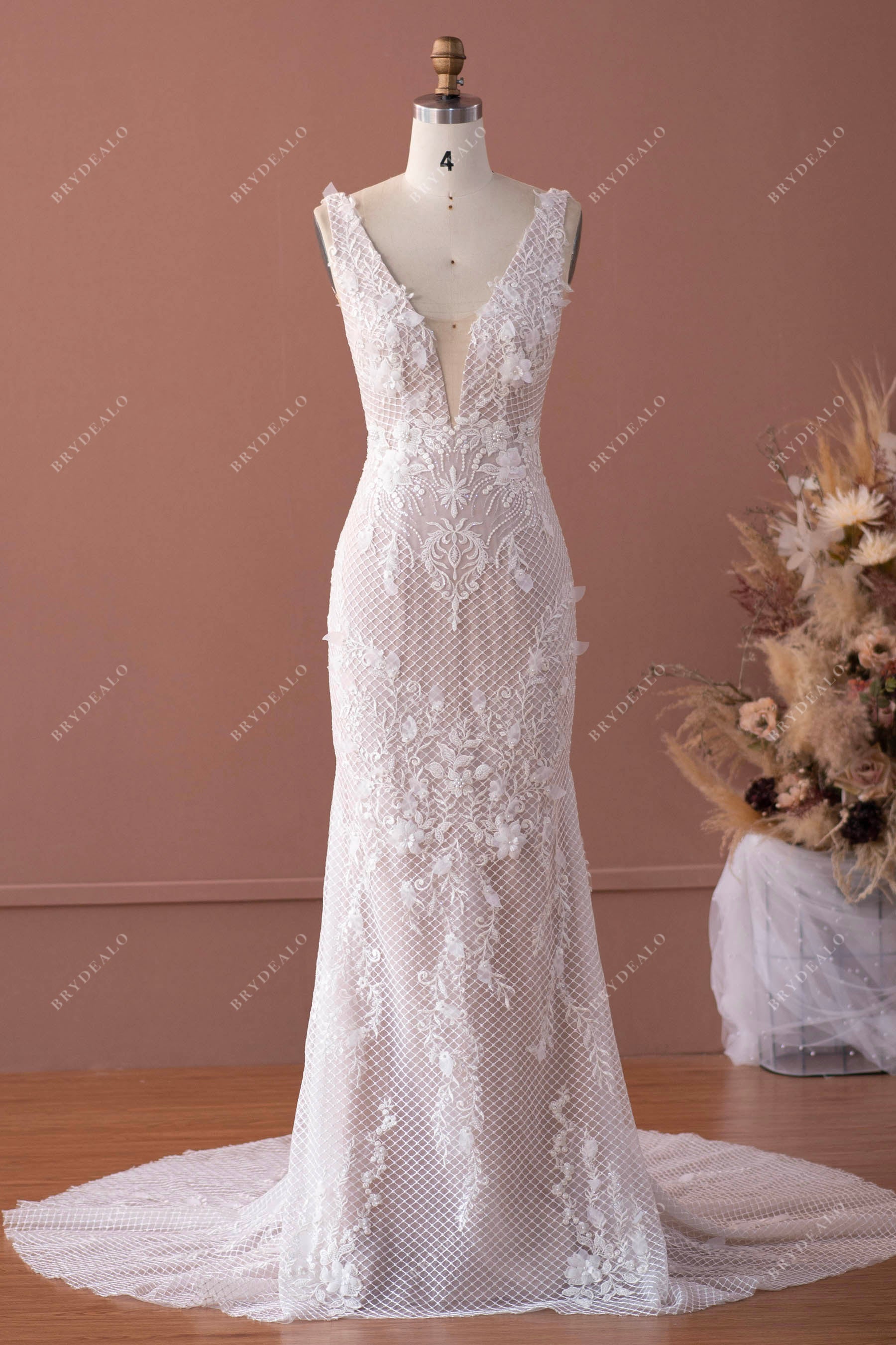 straps plunging 3D flower lace mermaid wedding dress