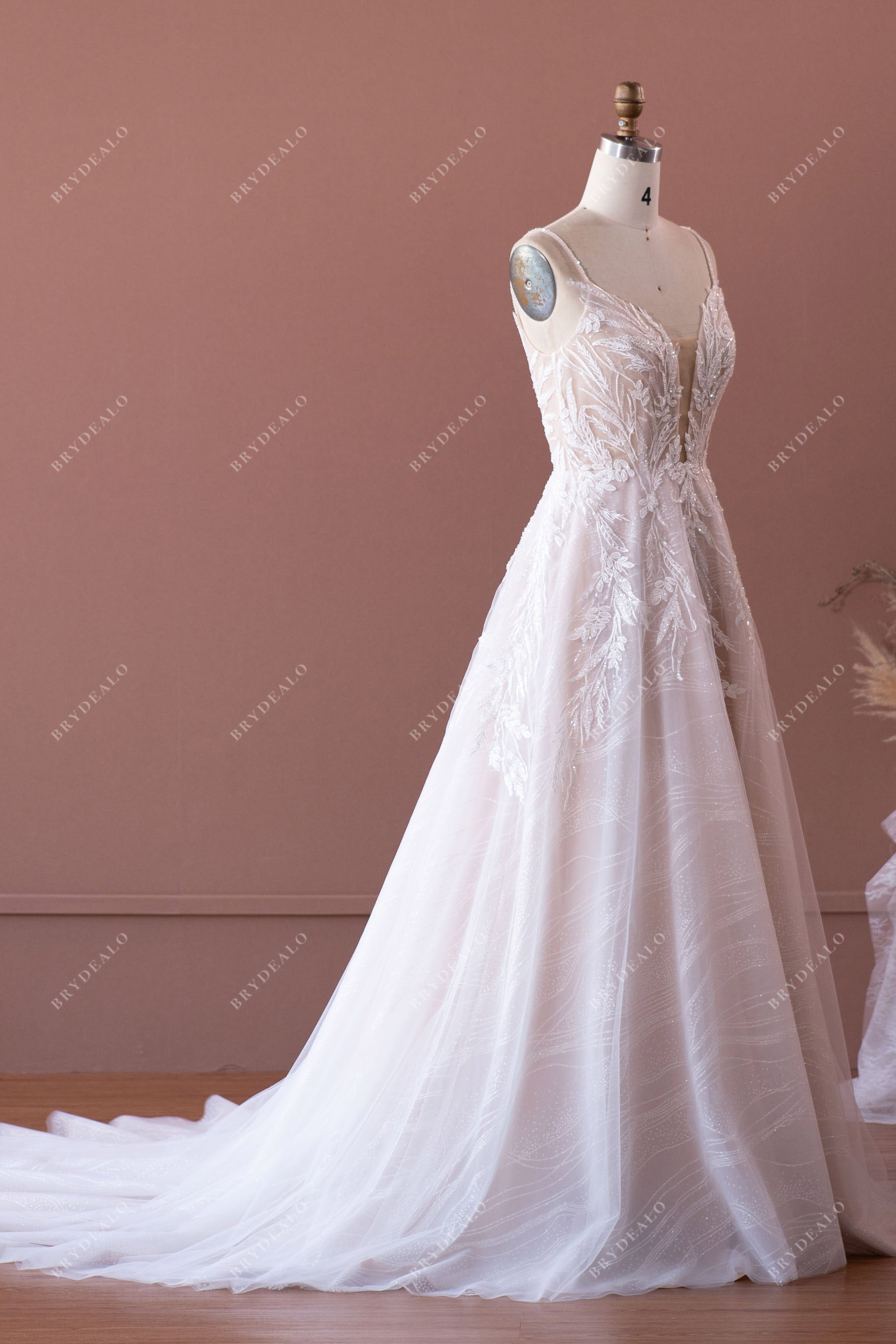 Beaded Strap Plunging Shimmery Lace A-line Sample Court Train Wedding Dress