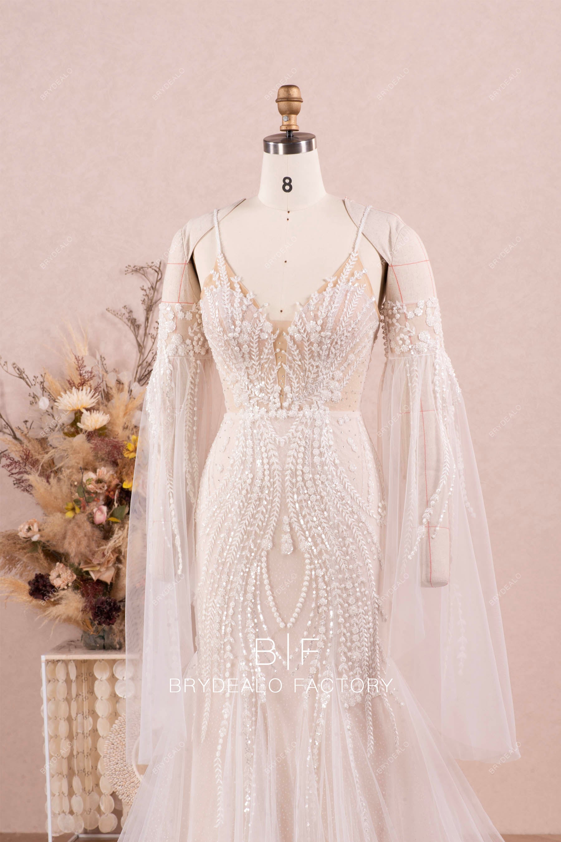 straps plunging detachable bell sleeve wedding dress