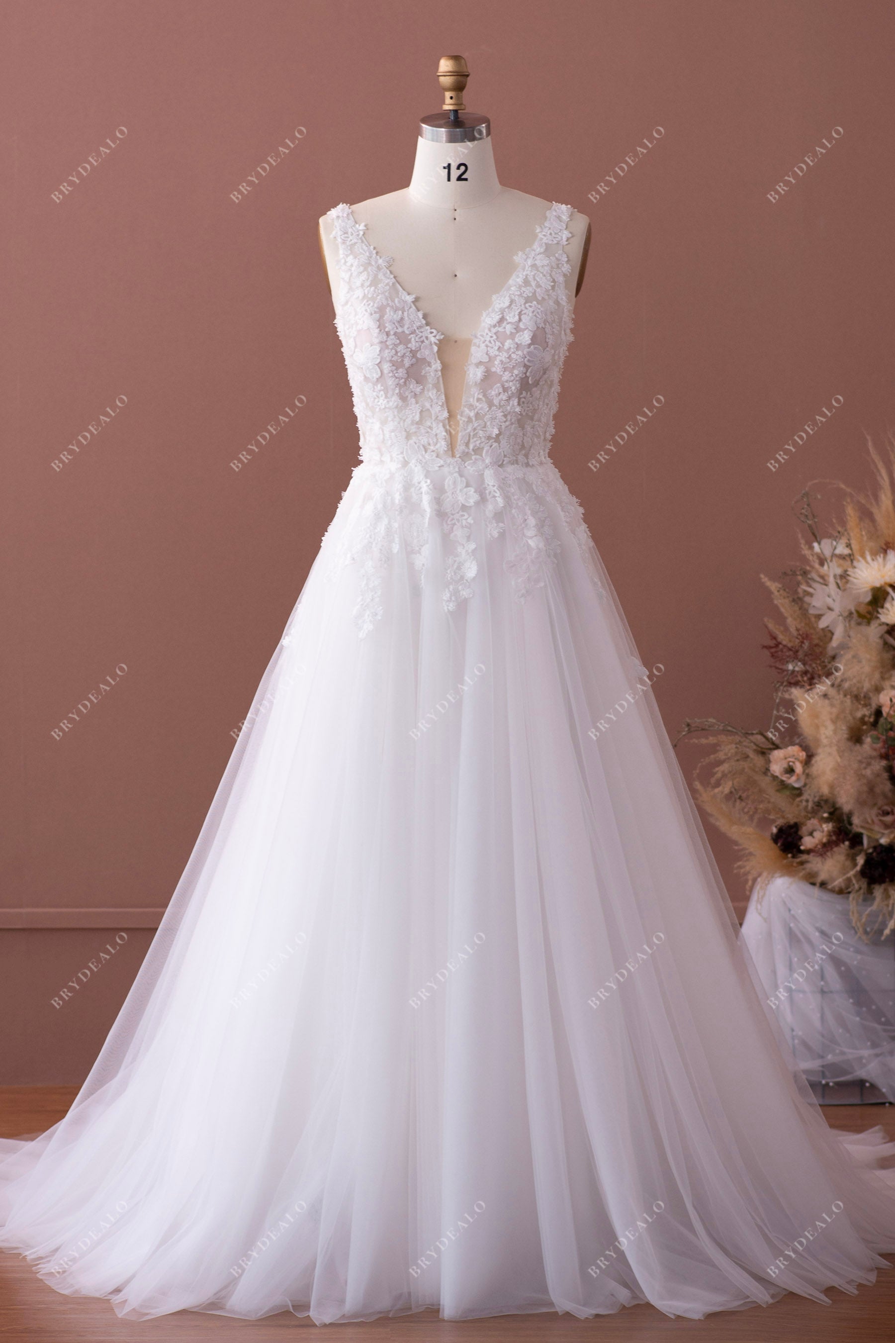straps plunging flower lace Aline wedding dress