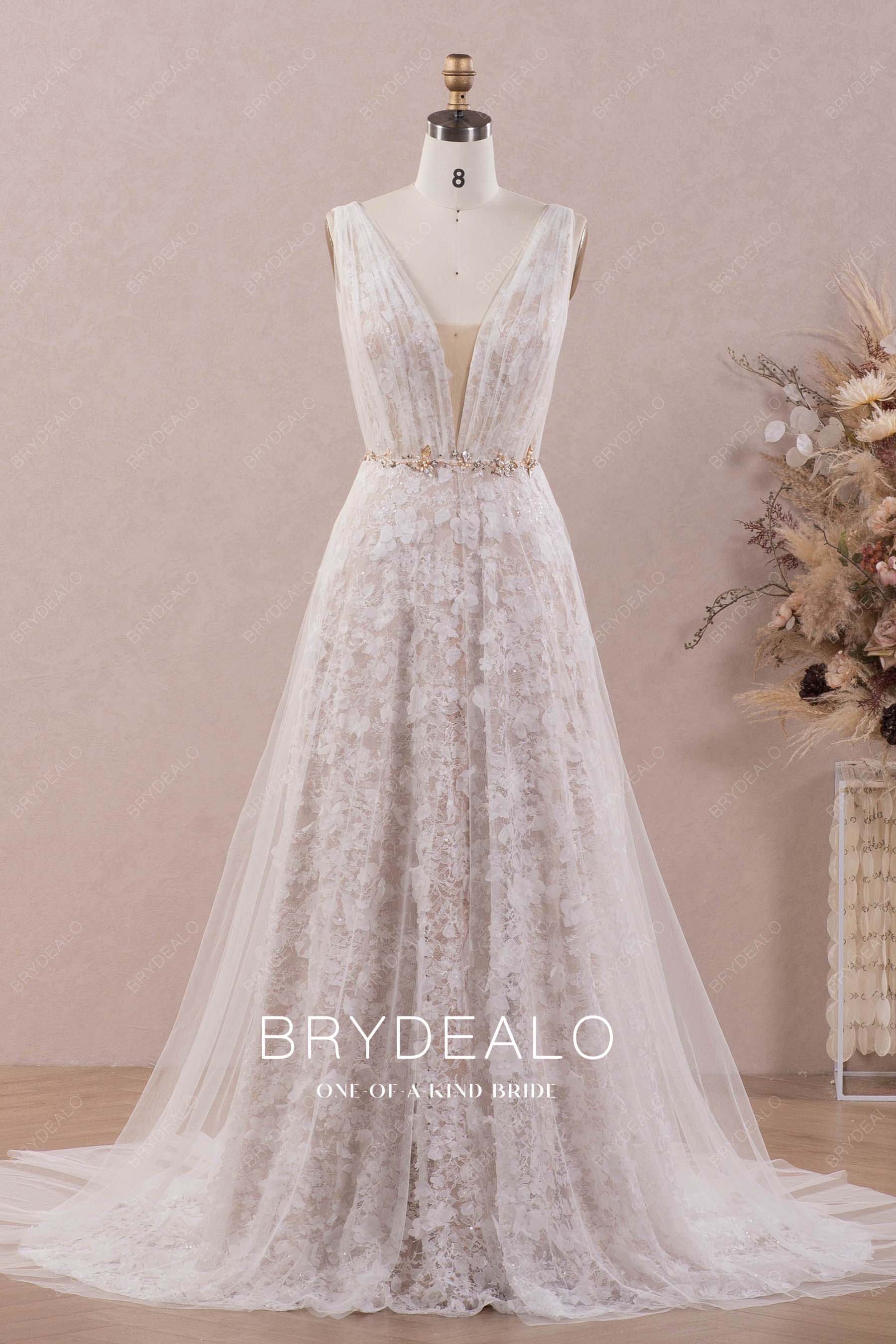 straps plunging flower lace bridal gown