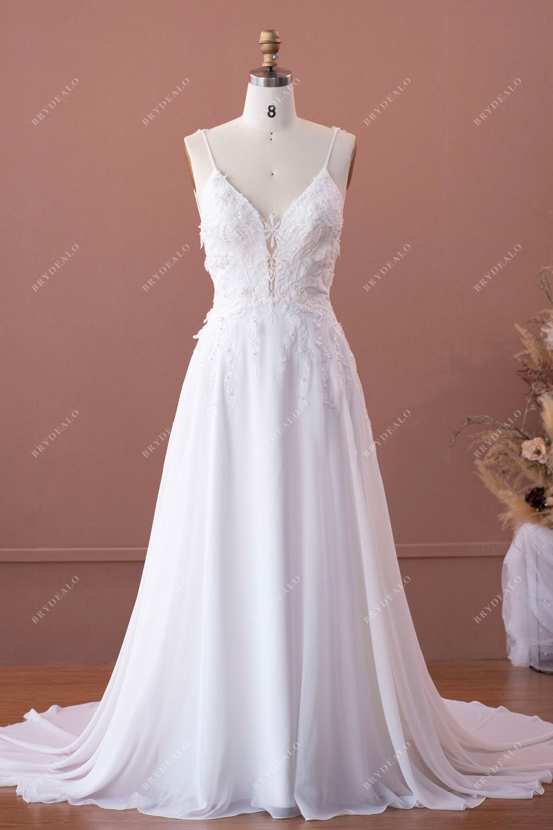 spaghetti straps plunging flower lace chiffon A-line wedding dress