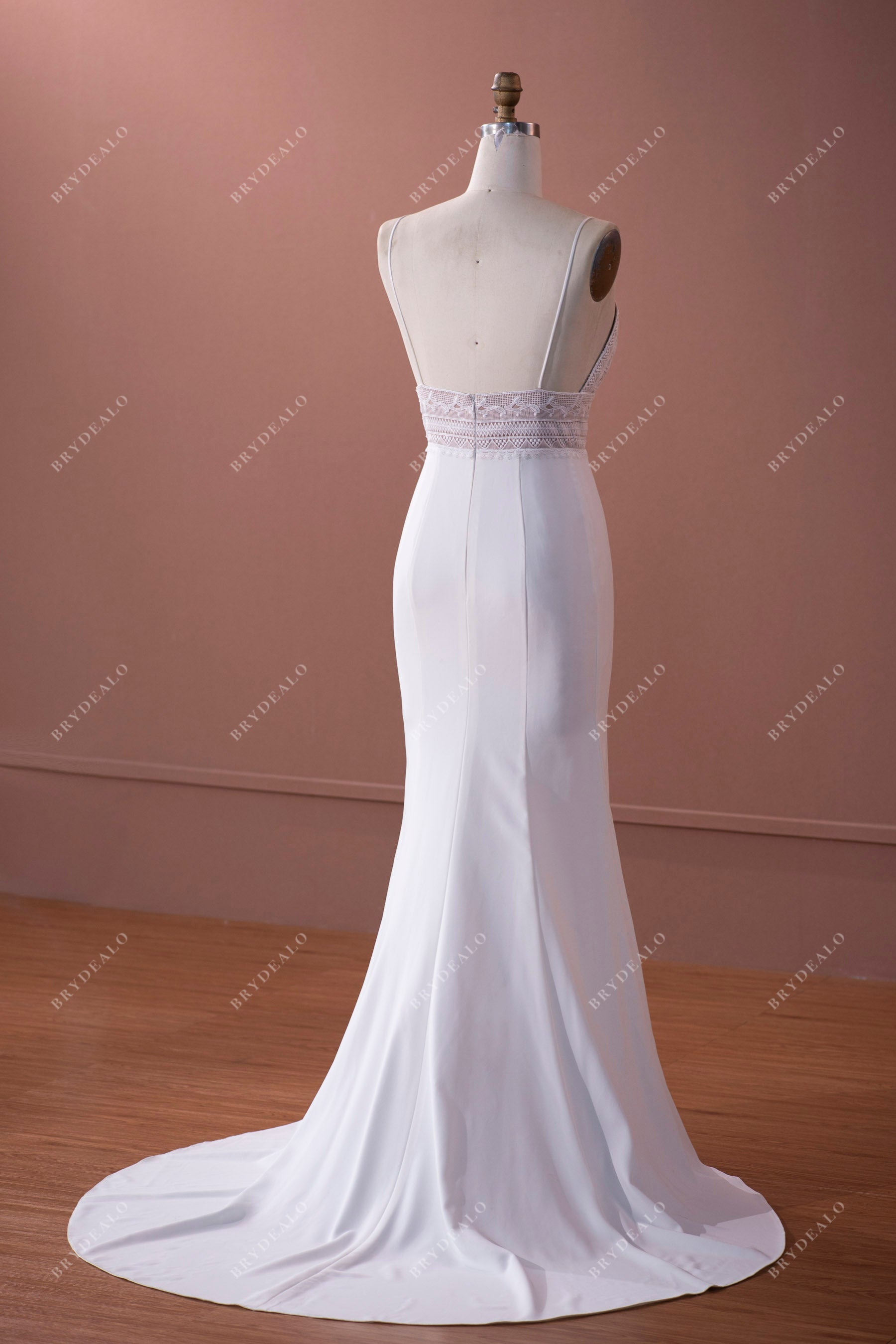 spaghetti straps open back lace crepe mermaid wedding dress sample sale