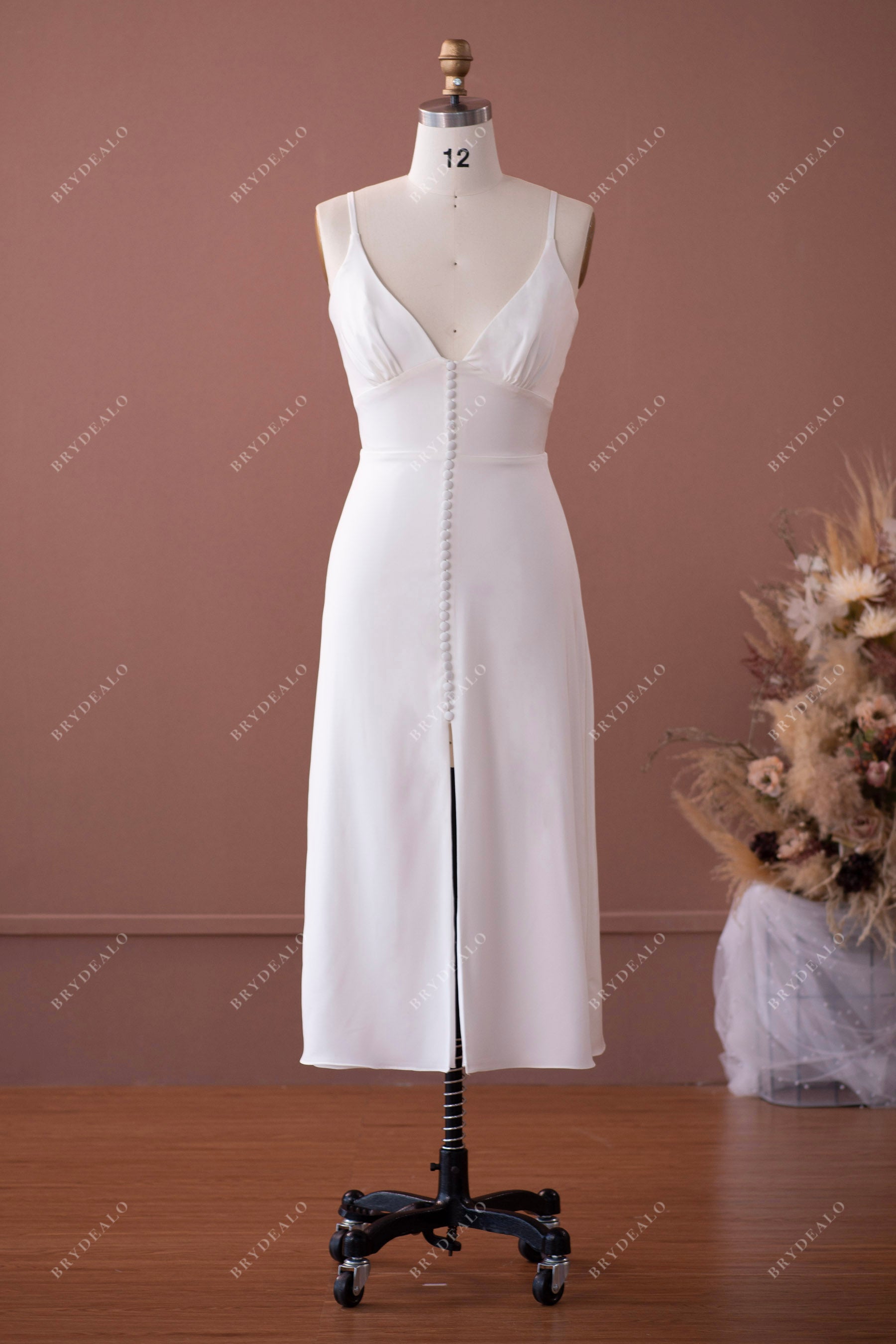 straps plunging stretch satin tea length wedding dress