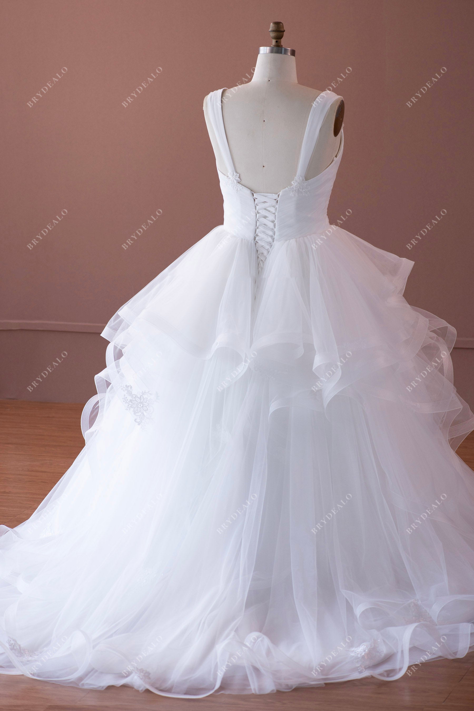 straps ruffled tulle ballgown lace-up back long wedding dress