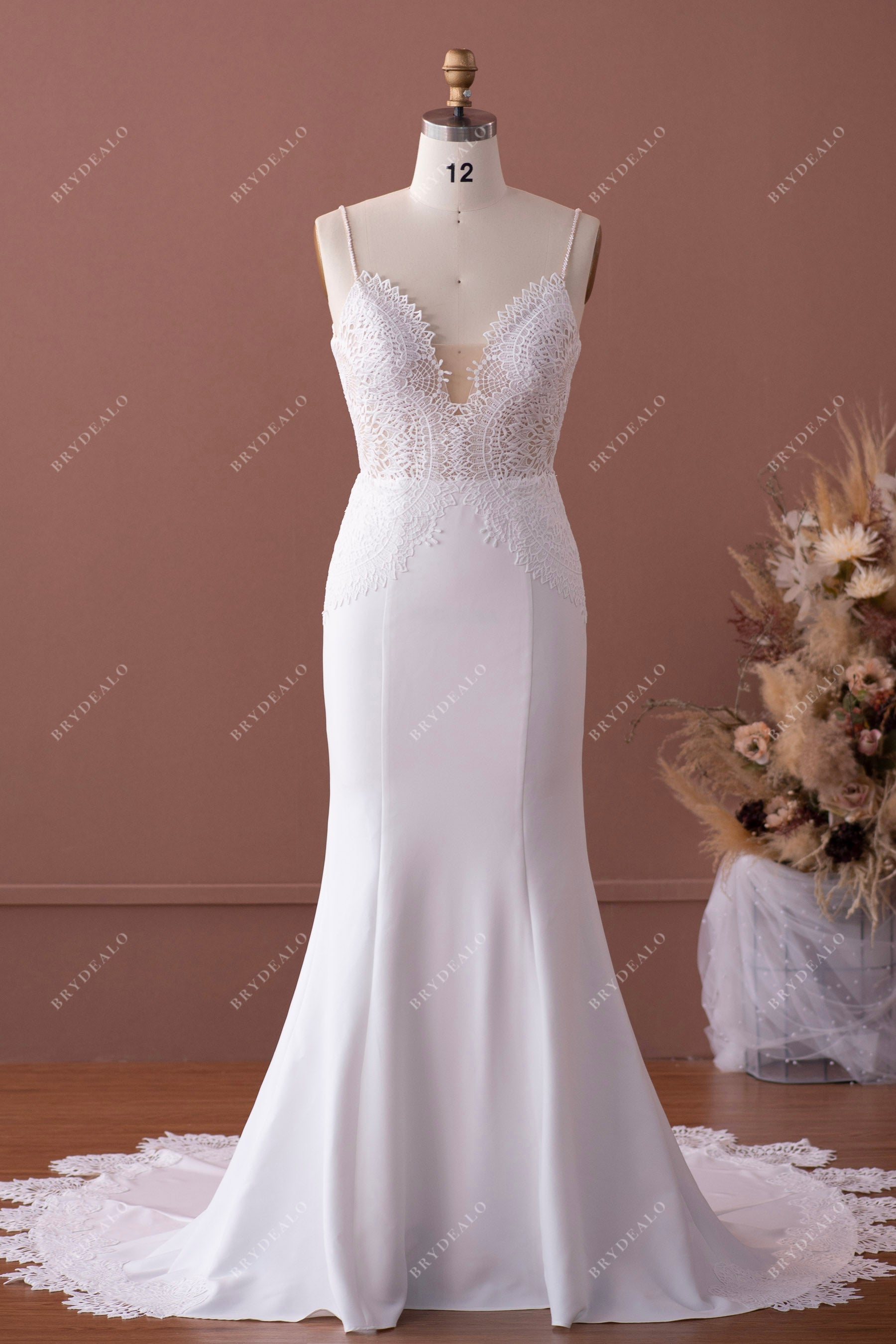 straps scalloped lace crepe mermaid wedding gown