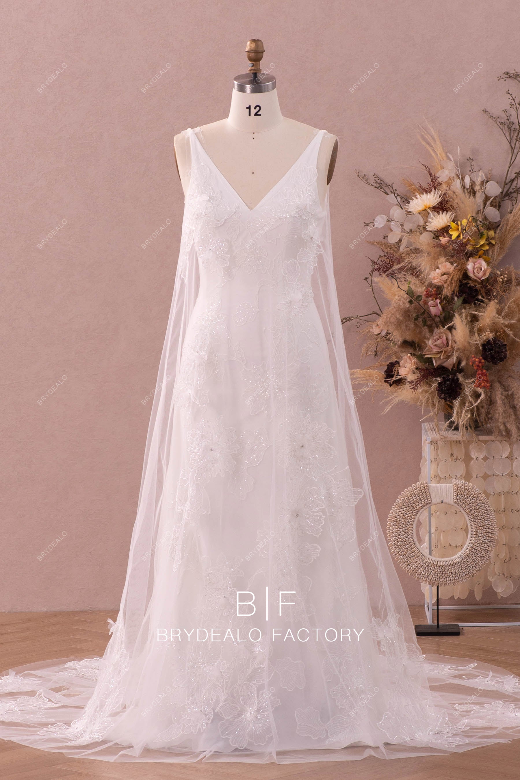 straps sheer robe v-neck lace wedding dress