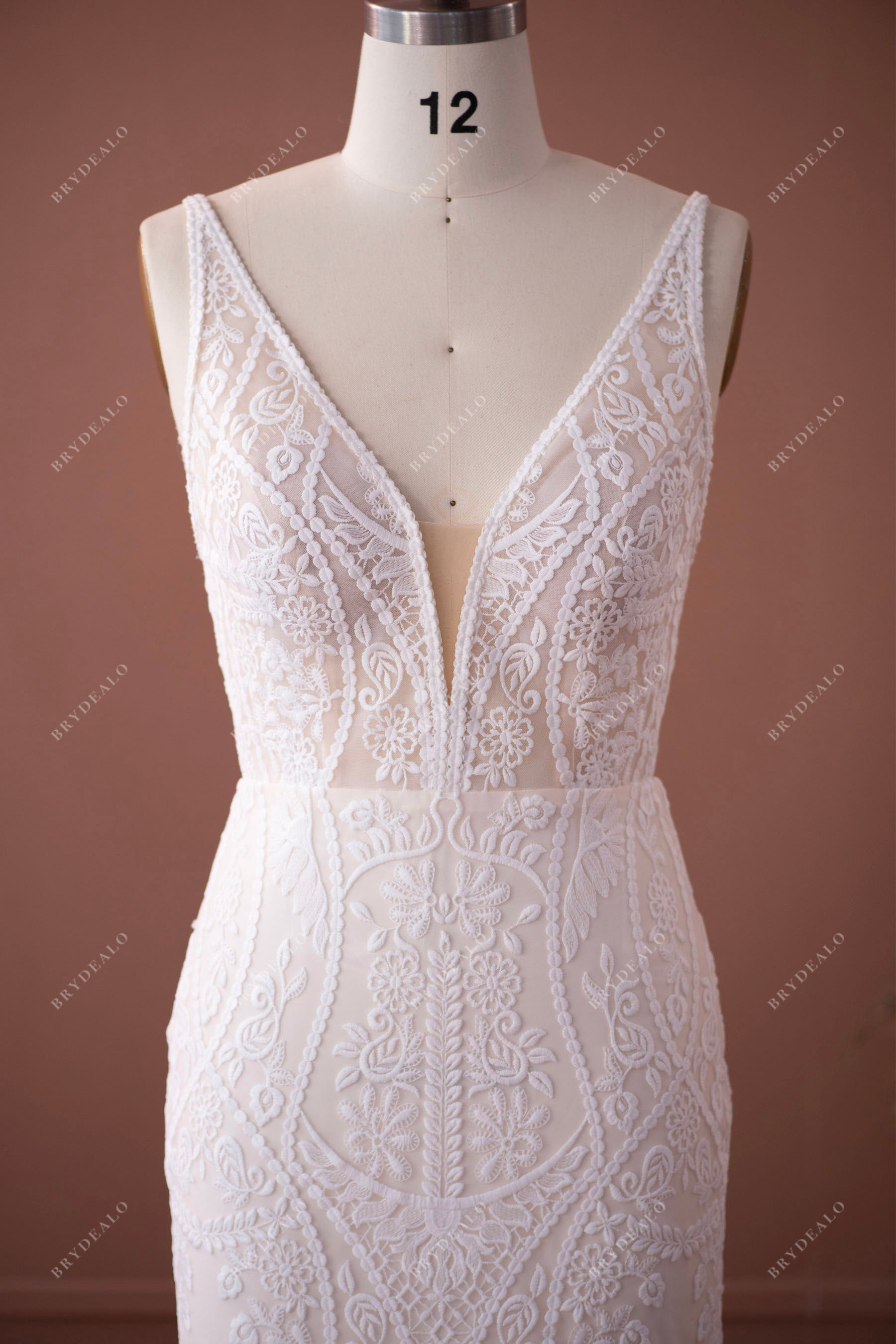 straps v-neck lace bridal dress sample