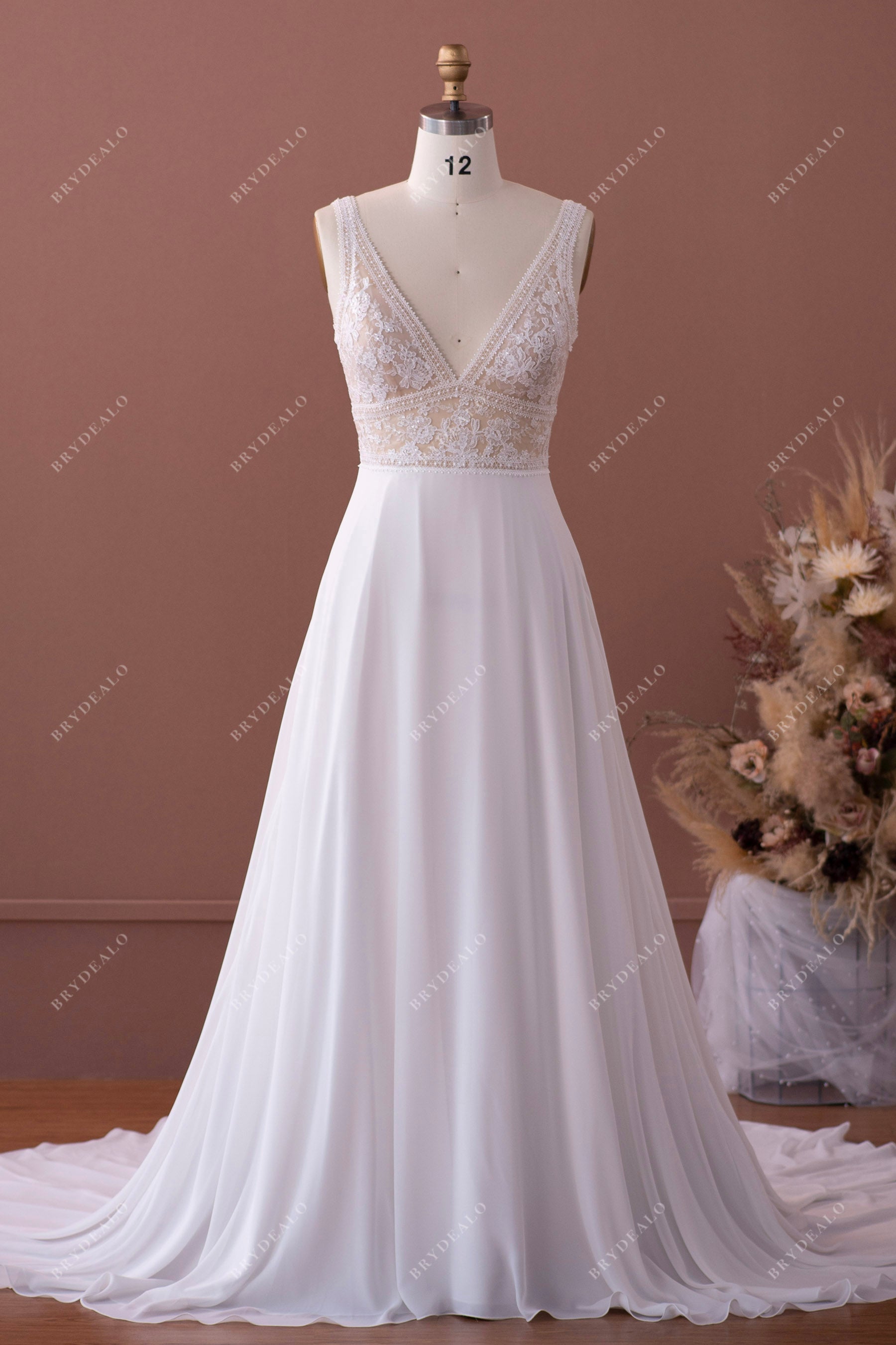 straps V-neck lace chiffon A-line wedding dress