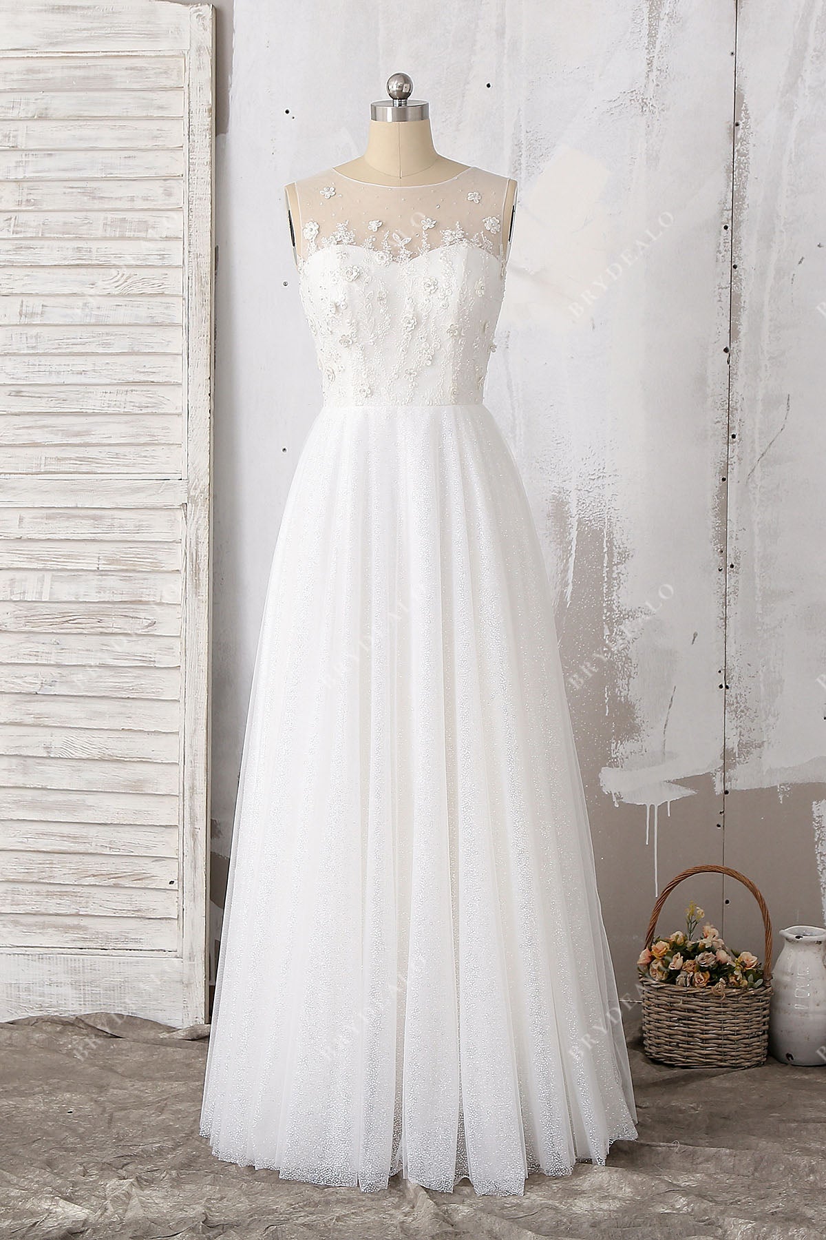 stunning beaded floral glitter illusion neck floor length wedding dress