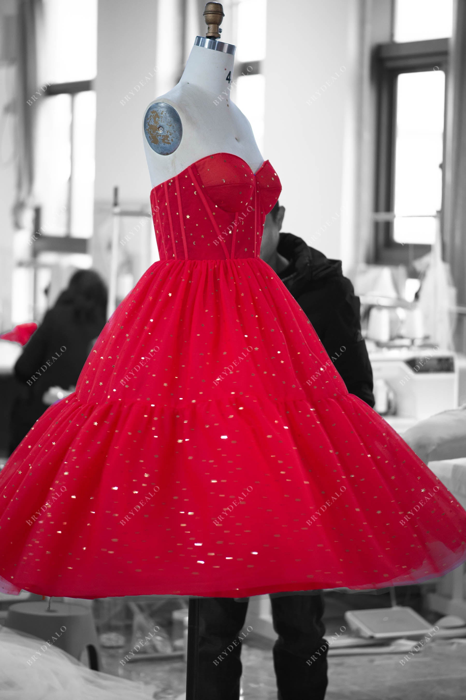 Sample Sale | Red Star Lantern Sleeve Tea Length Formal Gown Sample Sale | Red Star Lantern Sleeve Tea Length Formal Gown