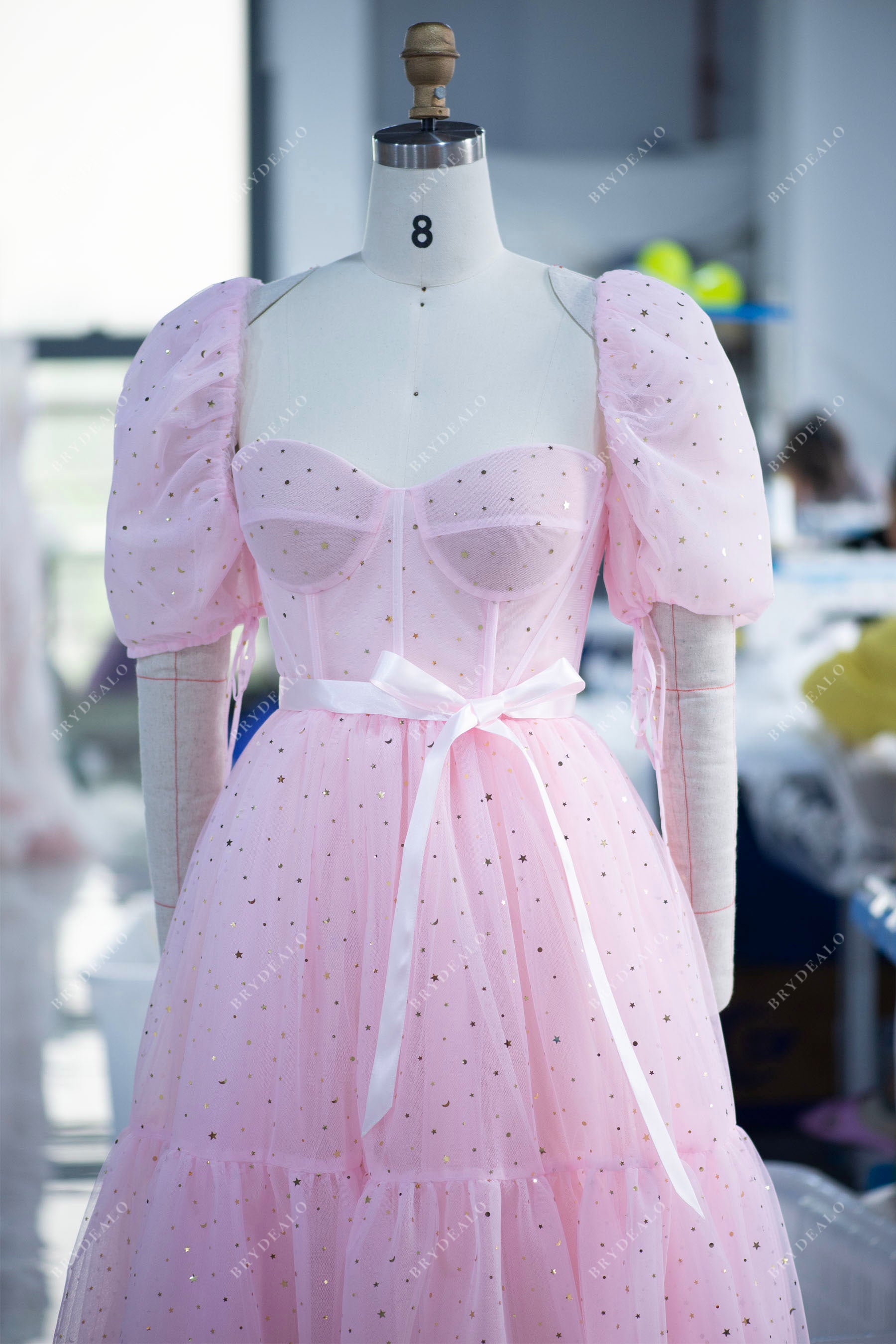 Gold Stars Pink Bubble Sleeve Corset Tea Length Prom Dress