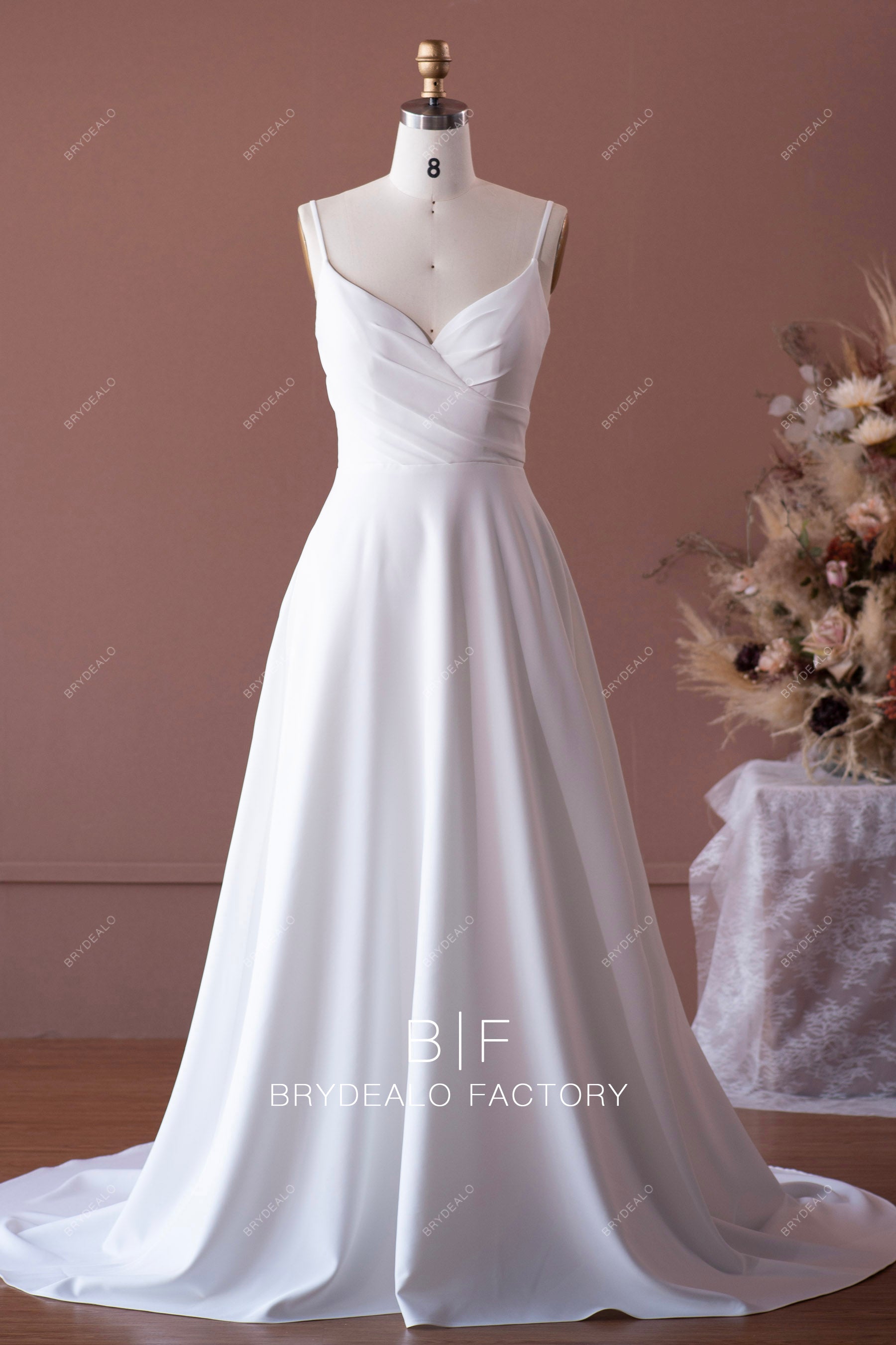 thin straps A-line crepe wedding dress