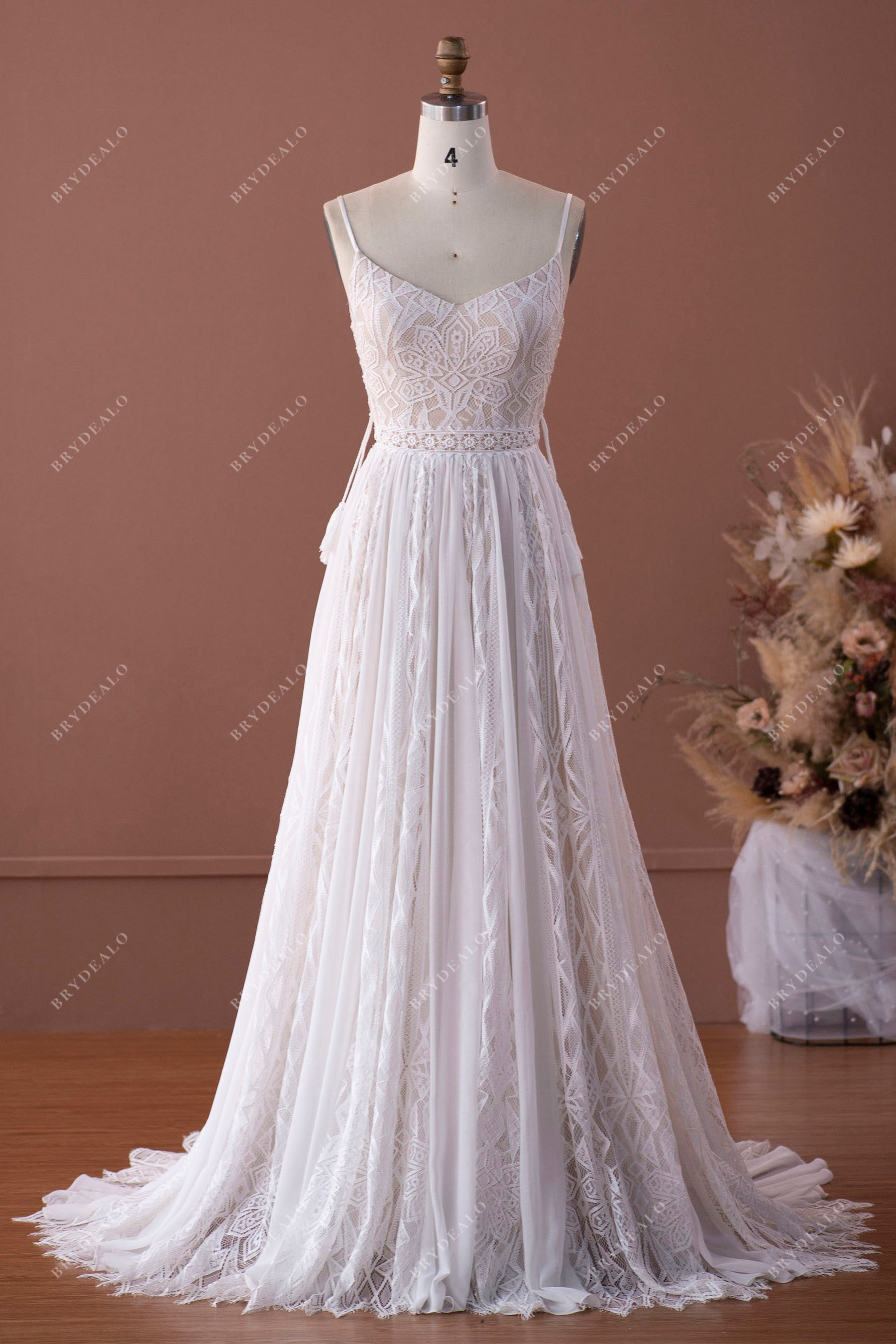 thin straps flowing lace chiffon boho wedding dress