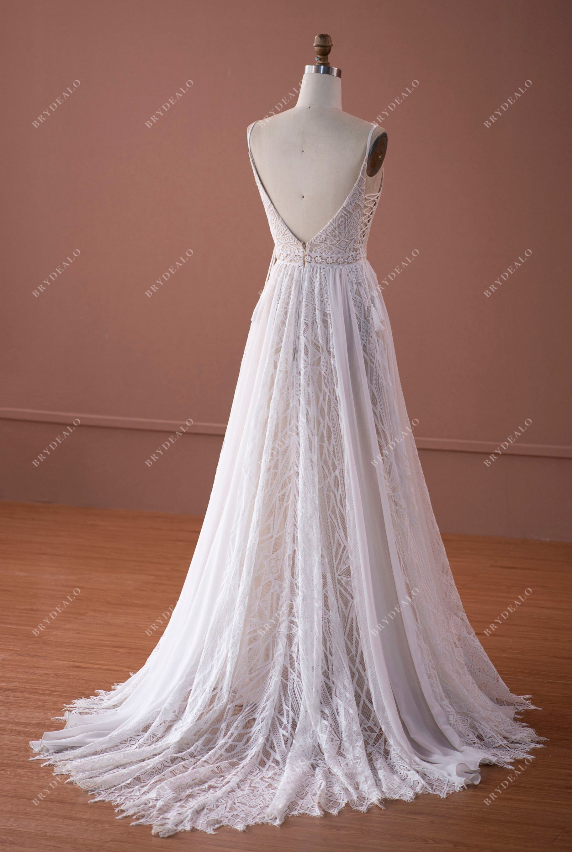 thin straps flowing lace chiffon long boho wedding dress