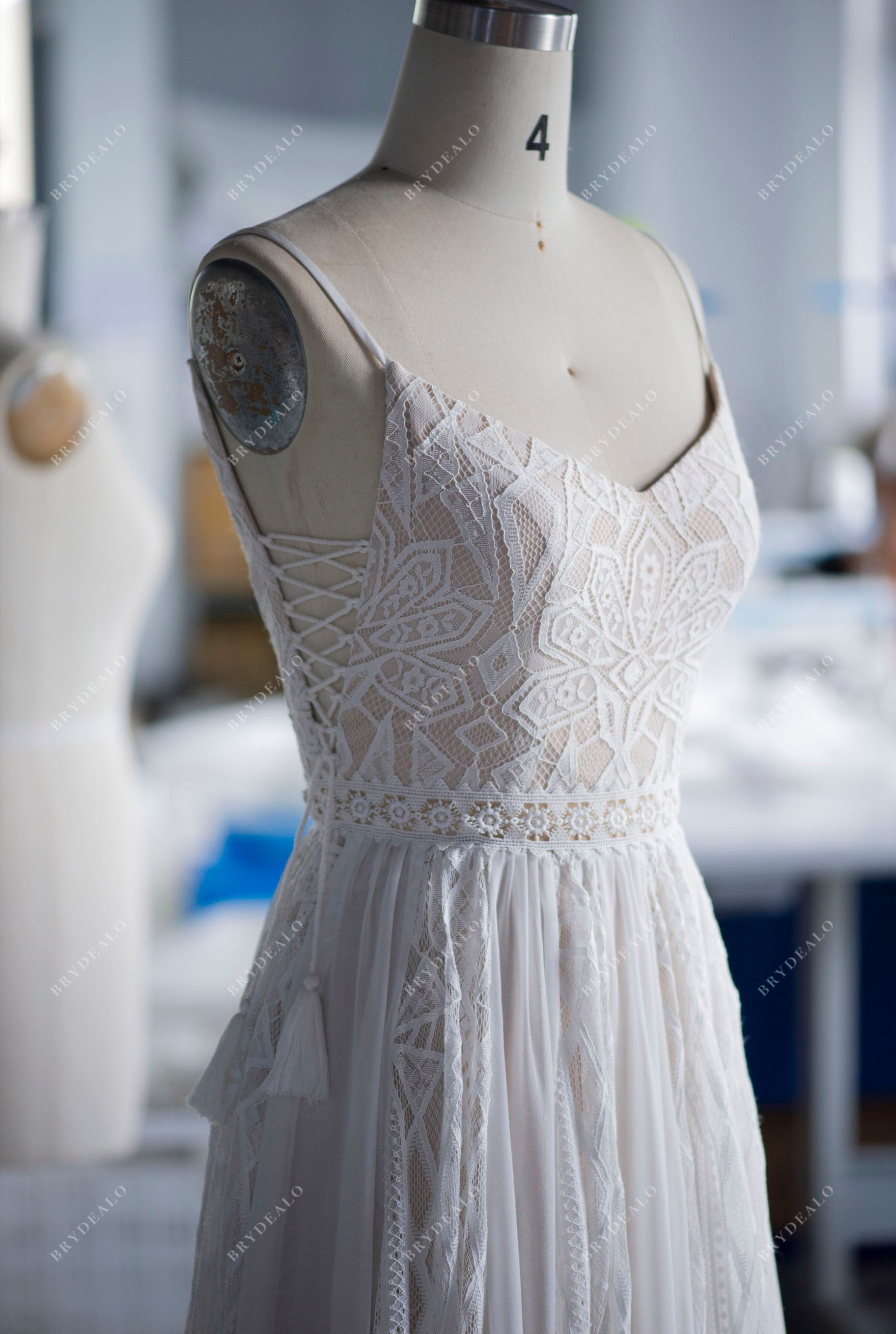 thin straps flowing lace chiffon tassel boho wedding dress