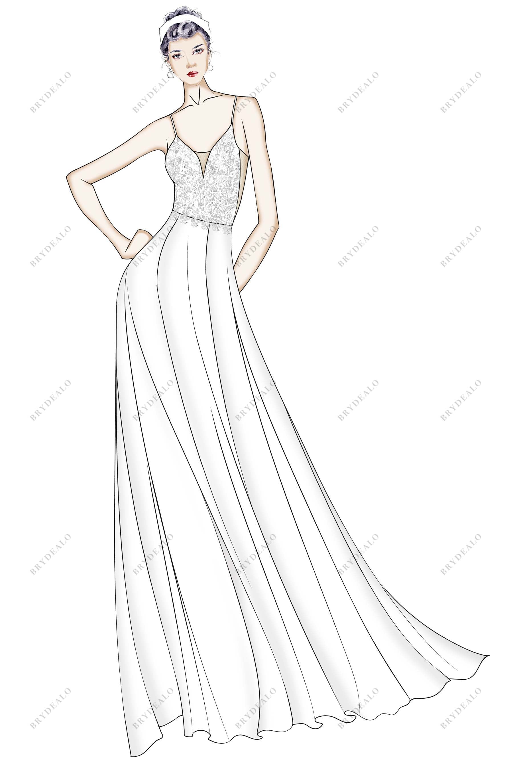 Thin Straps Lace Chiffon Custom Bridal Dress Sketch