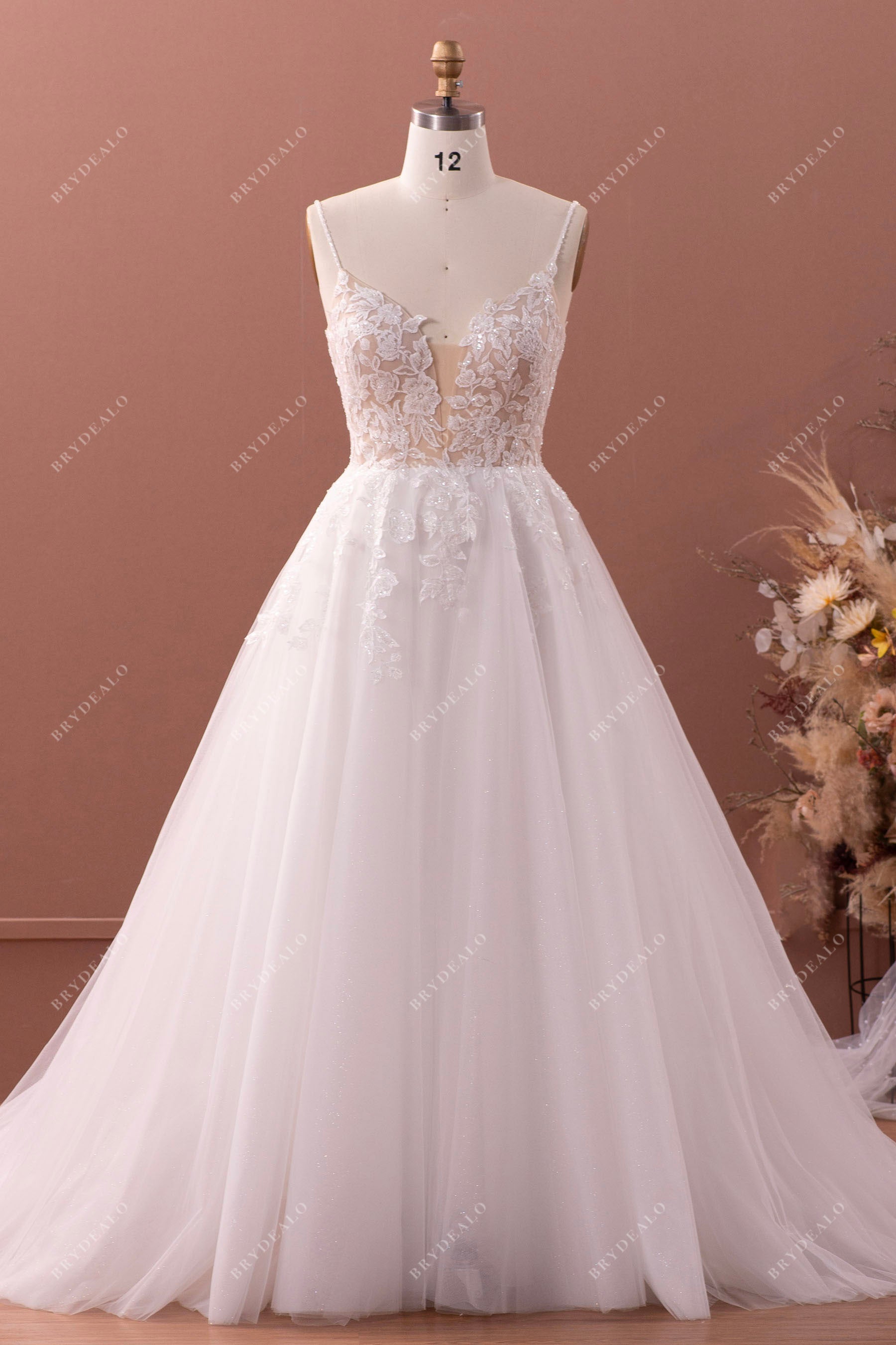 spaghetti straps lace wedding ball gown