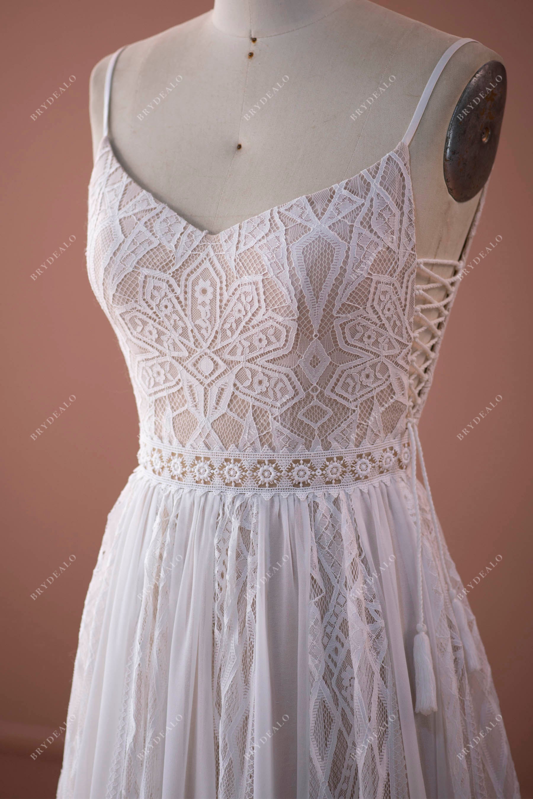 thin straps soft lace chiffon boho wedding dress