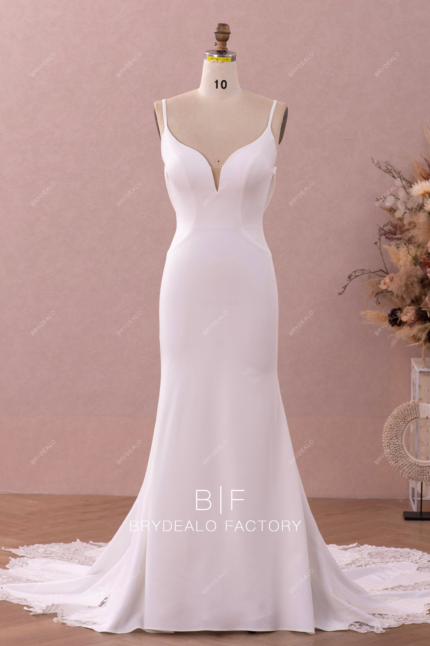 thin straps v-neck crepe wedding dress