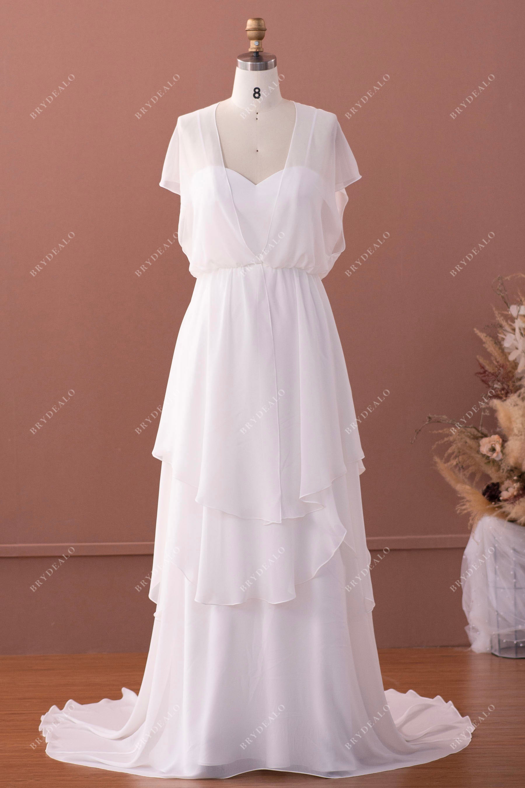 tiered A-line chiffon wedding dress with jacket