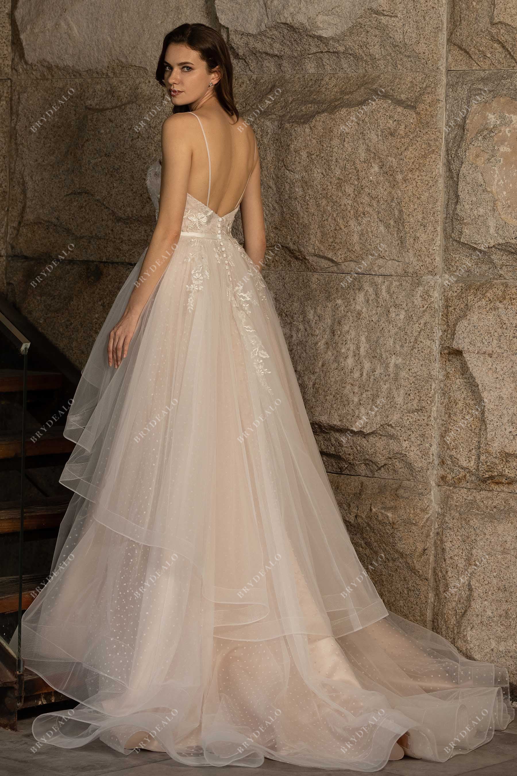 tiered tulle V-back lace ball gown bridal dress