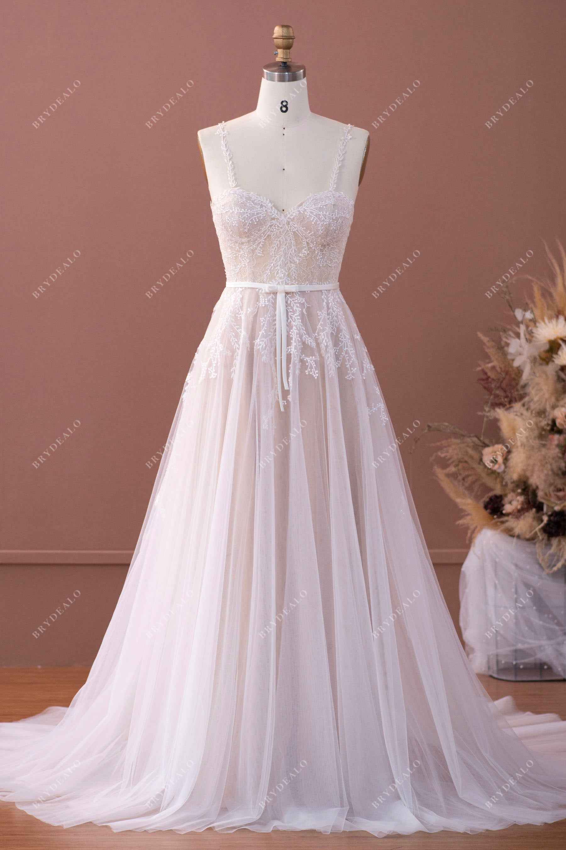 tiny straps sweetheart neck lace A-line boho wedding dress