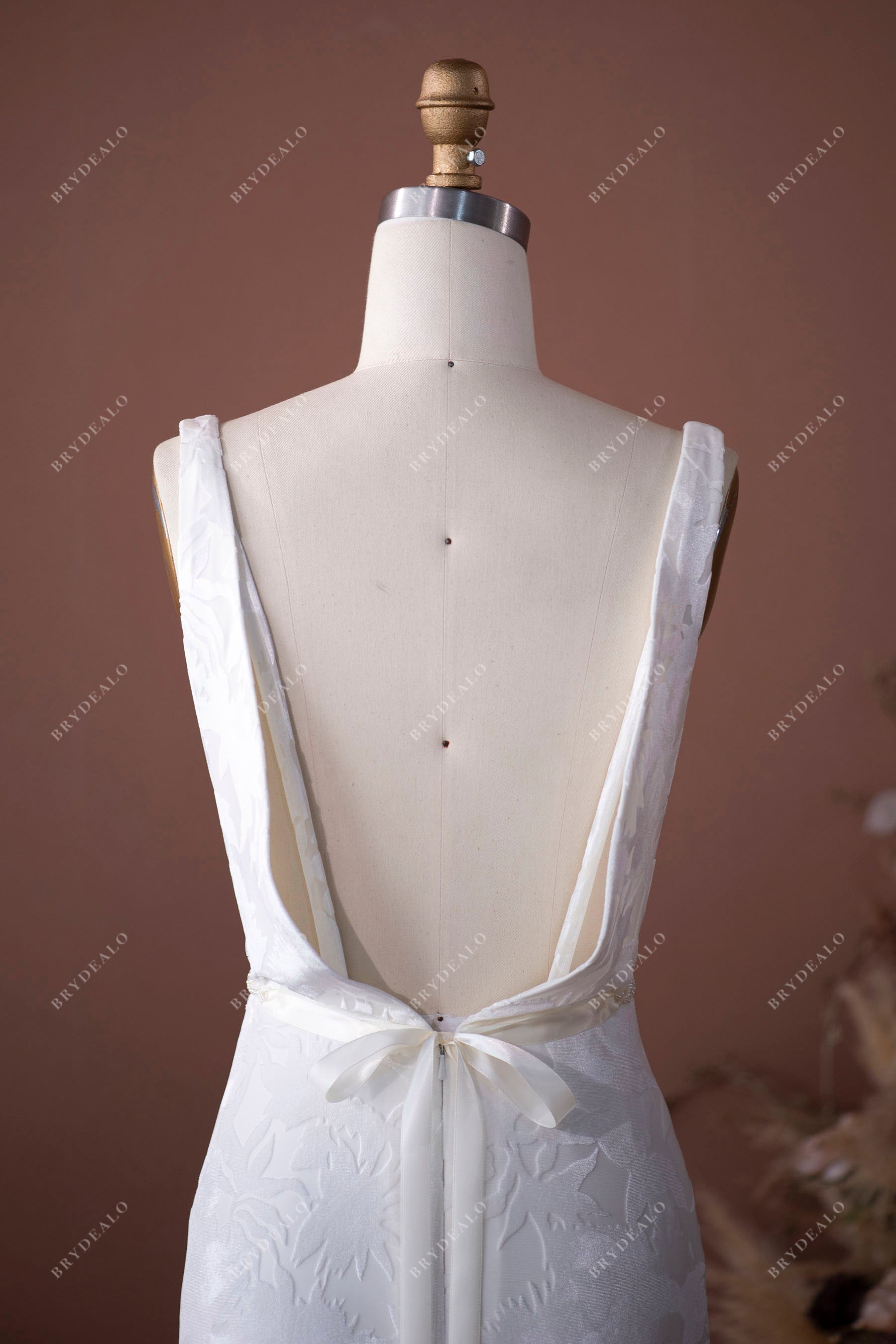 thin straps open back velvet bridal gown