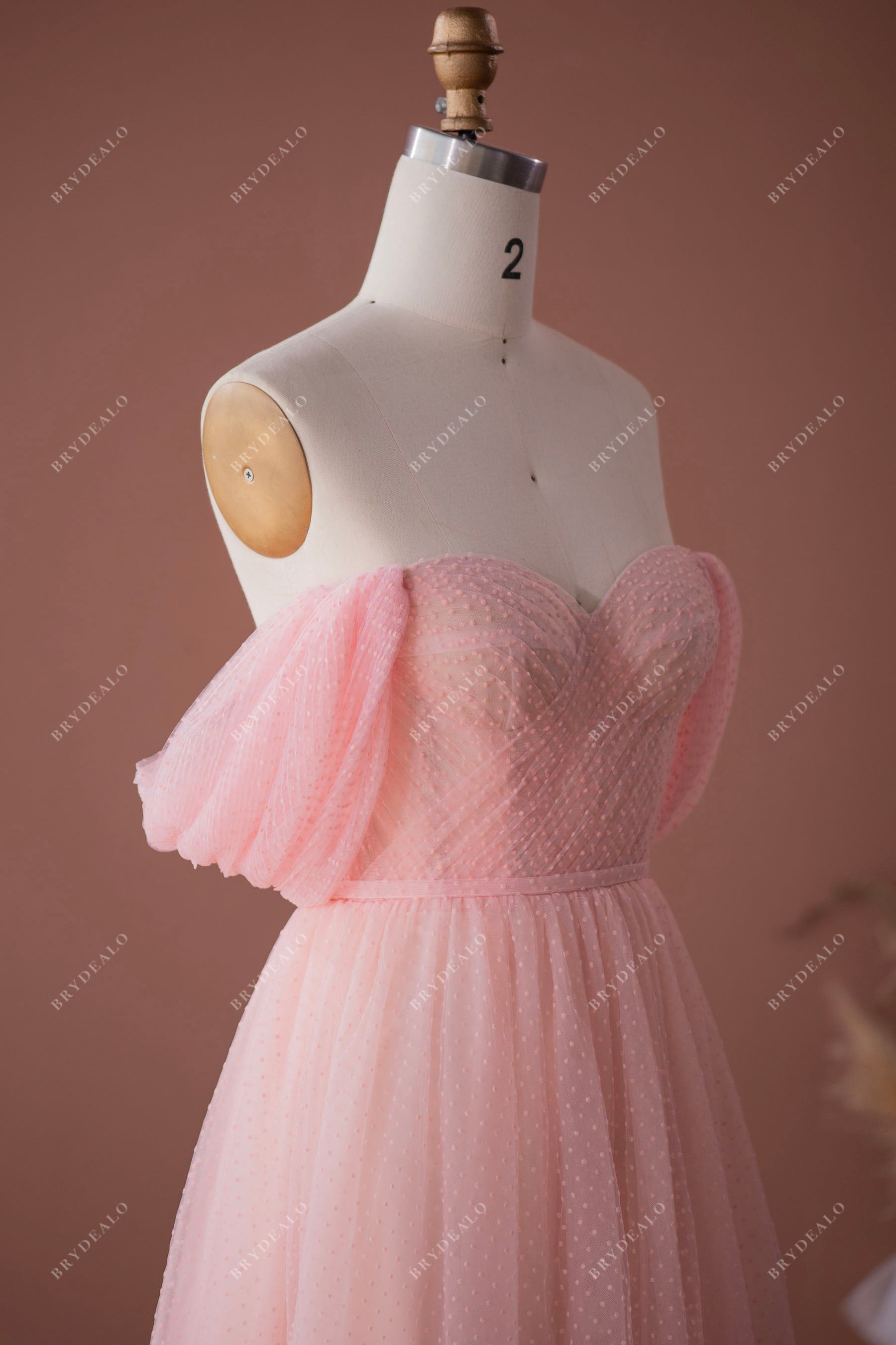dots off shoulder private label prom gown
