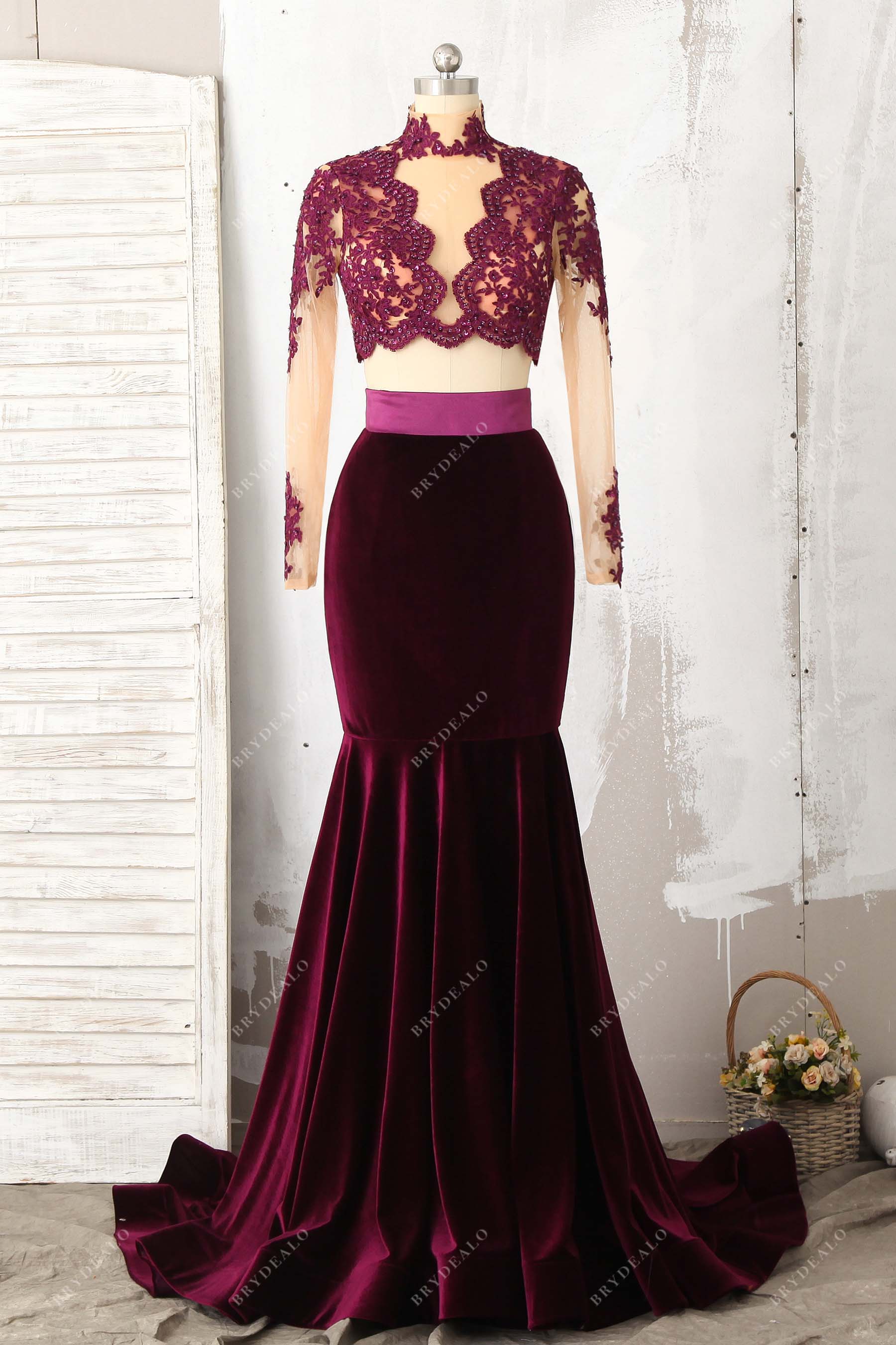 two-piece plum beaded lace velvet prom dress