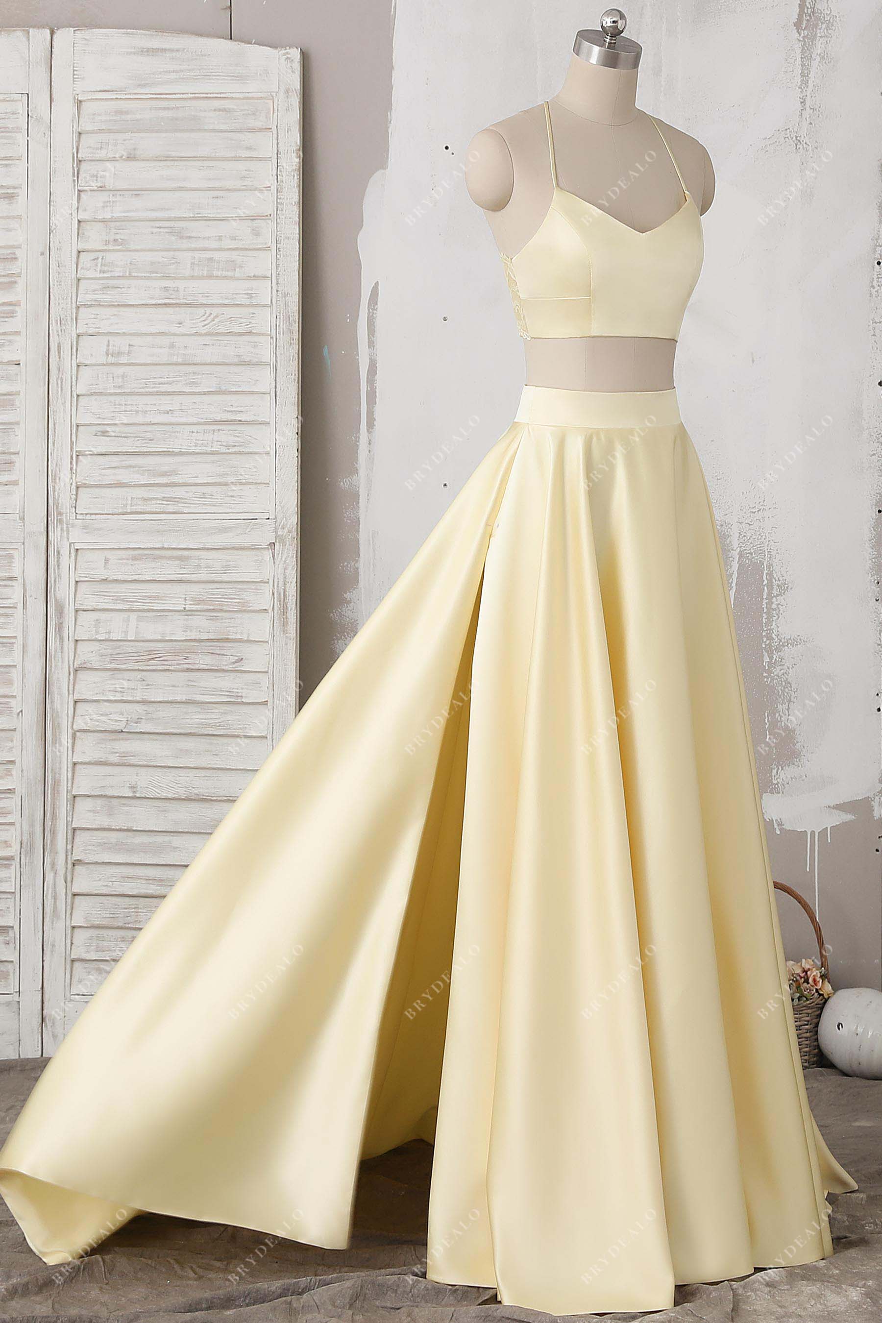two-piece yellow thin straps prom gown