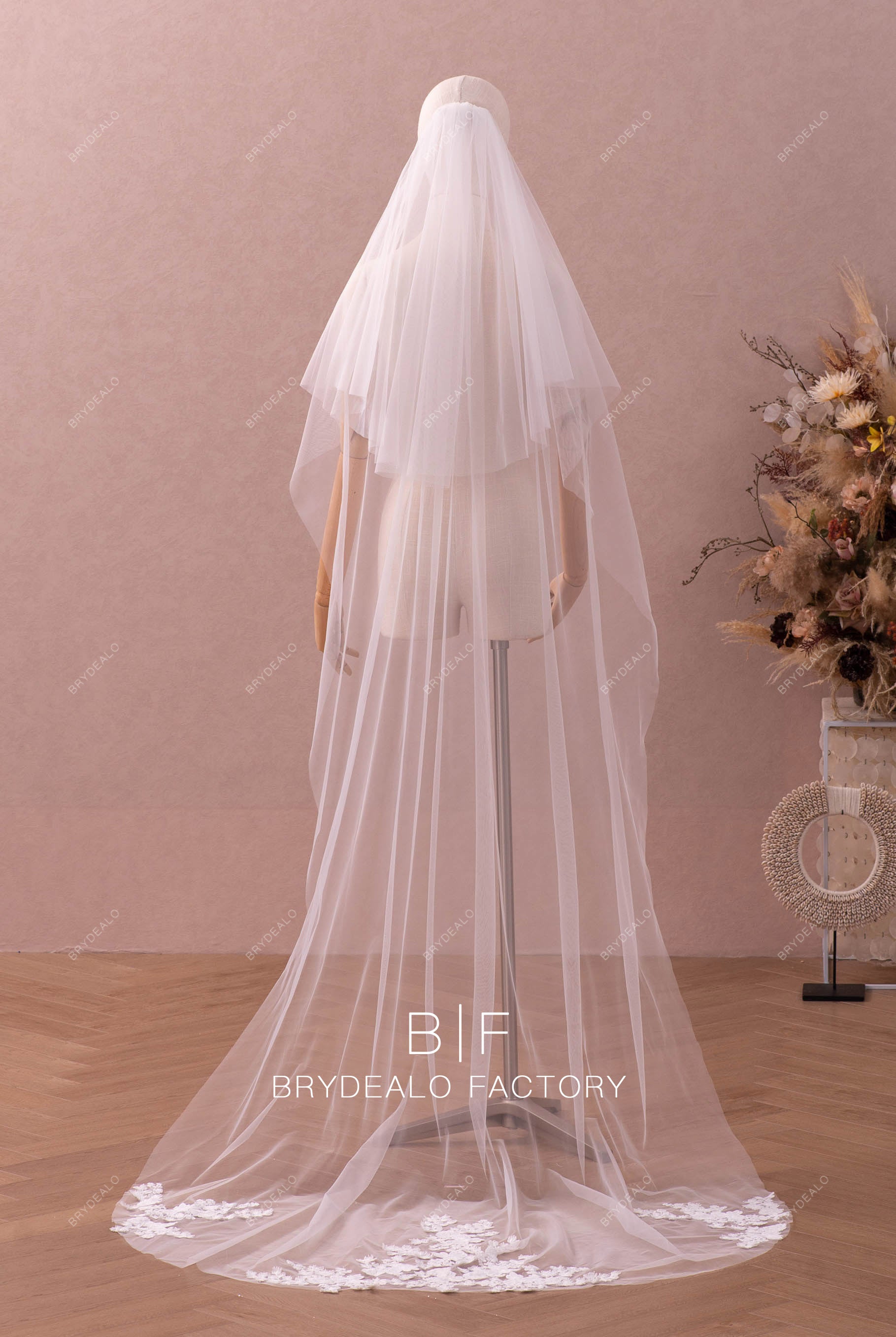 two tier flower lace floor length veil