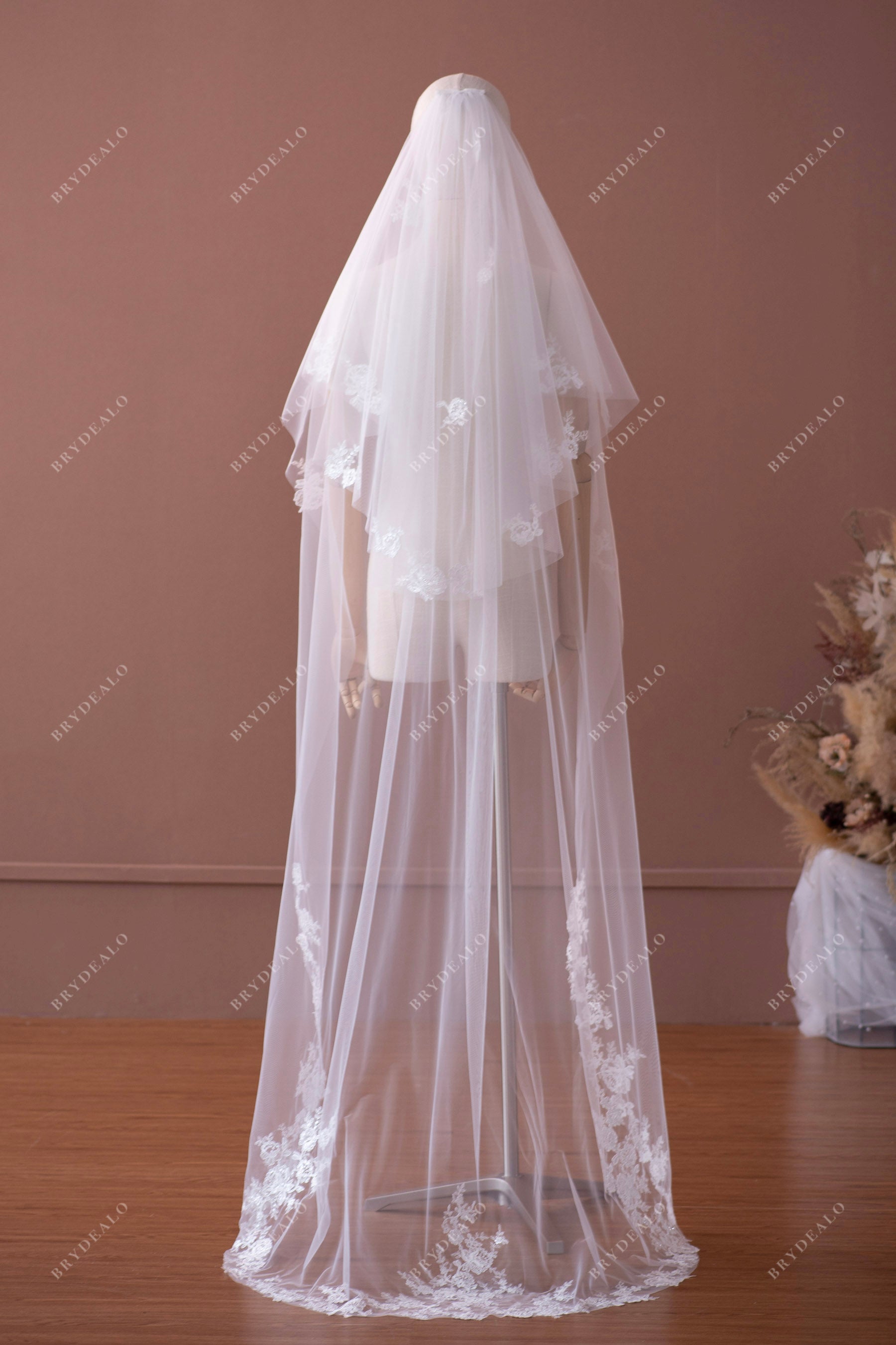 two tier flower lace sweep wedding veil