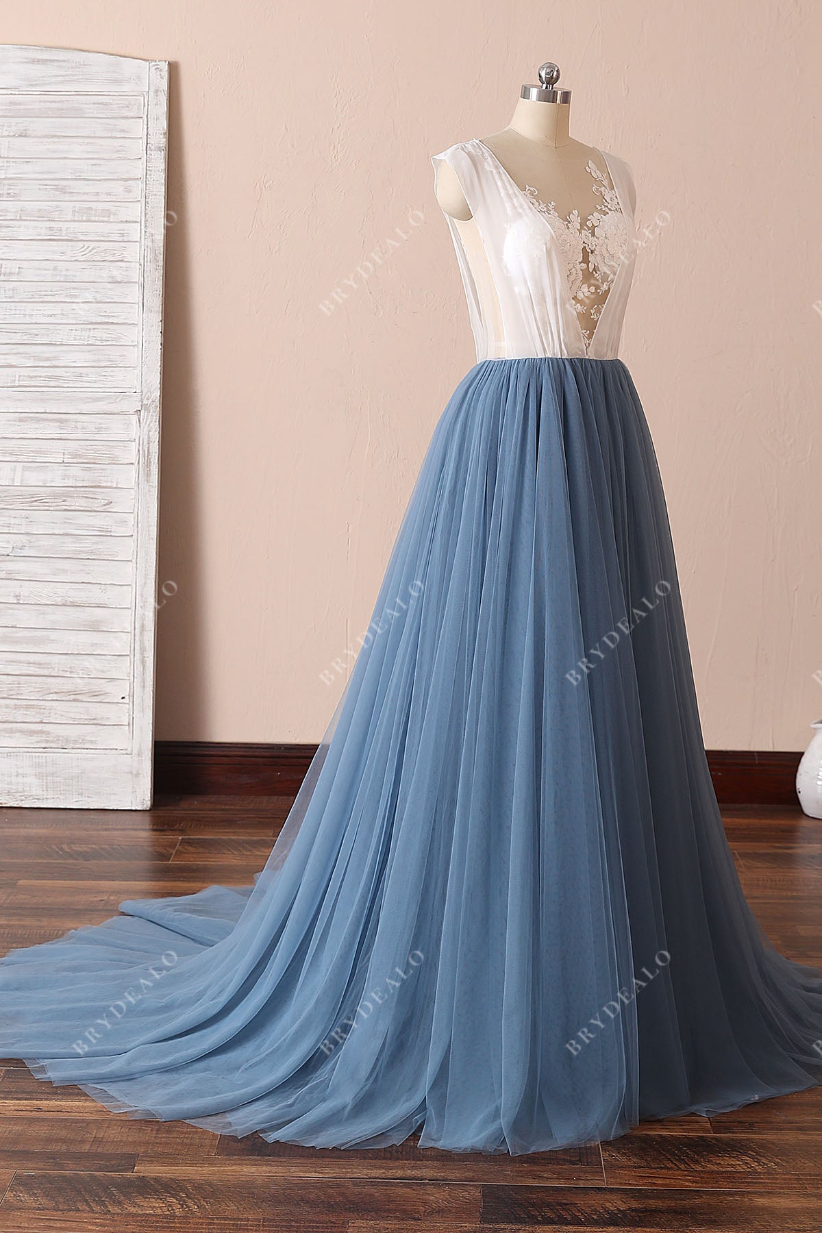 two-tone illusion ivory lace dusty blue tulle wedding gown