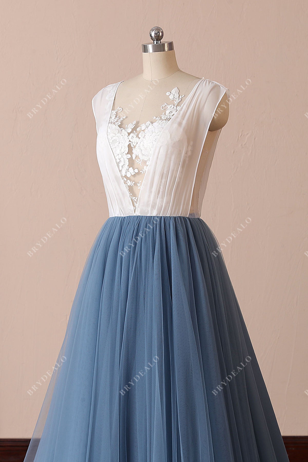 two-tone illusion ivory lace dusty blue tulle wedding dress