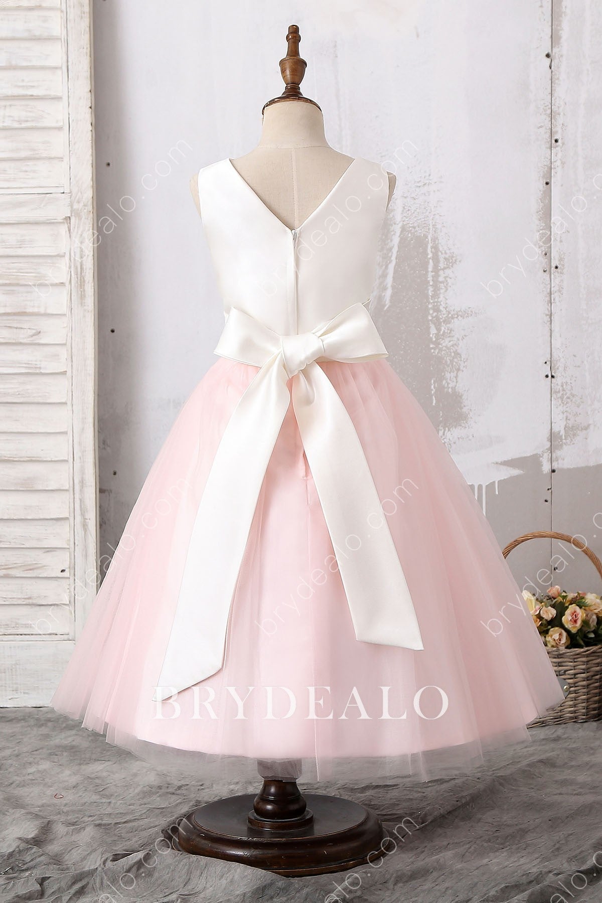 Big Bow Two-tone Satin Tulle Tea Length Flower Girl Dress