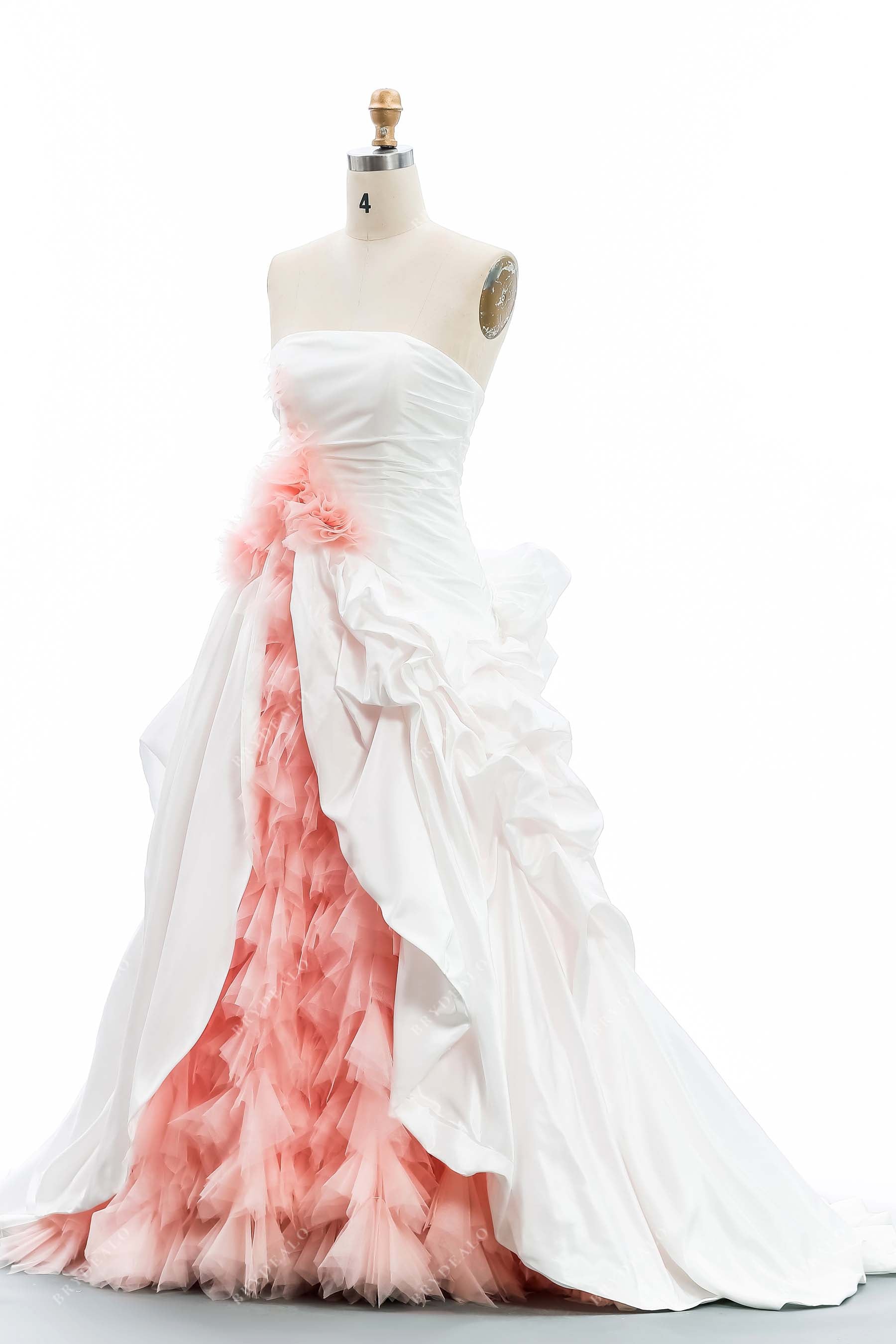 two-tone ruched strapless ivory taffeta pink tulle wedding gown