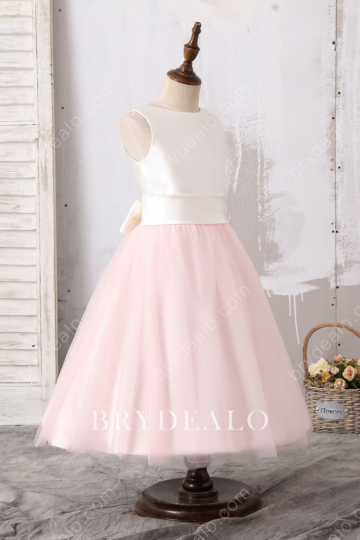 Sleeveless Two-tone Satin Tulle Tea Length Flower Girl Dress