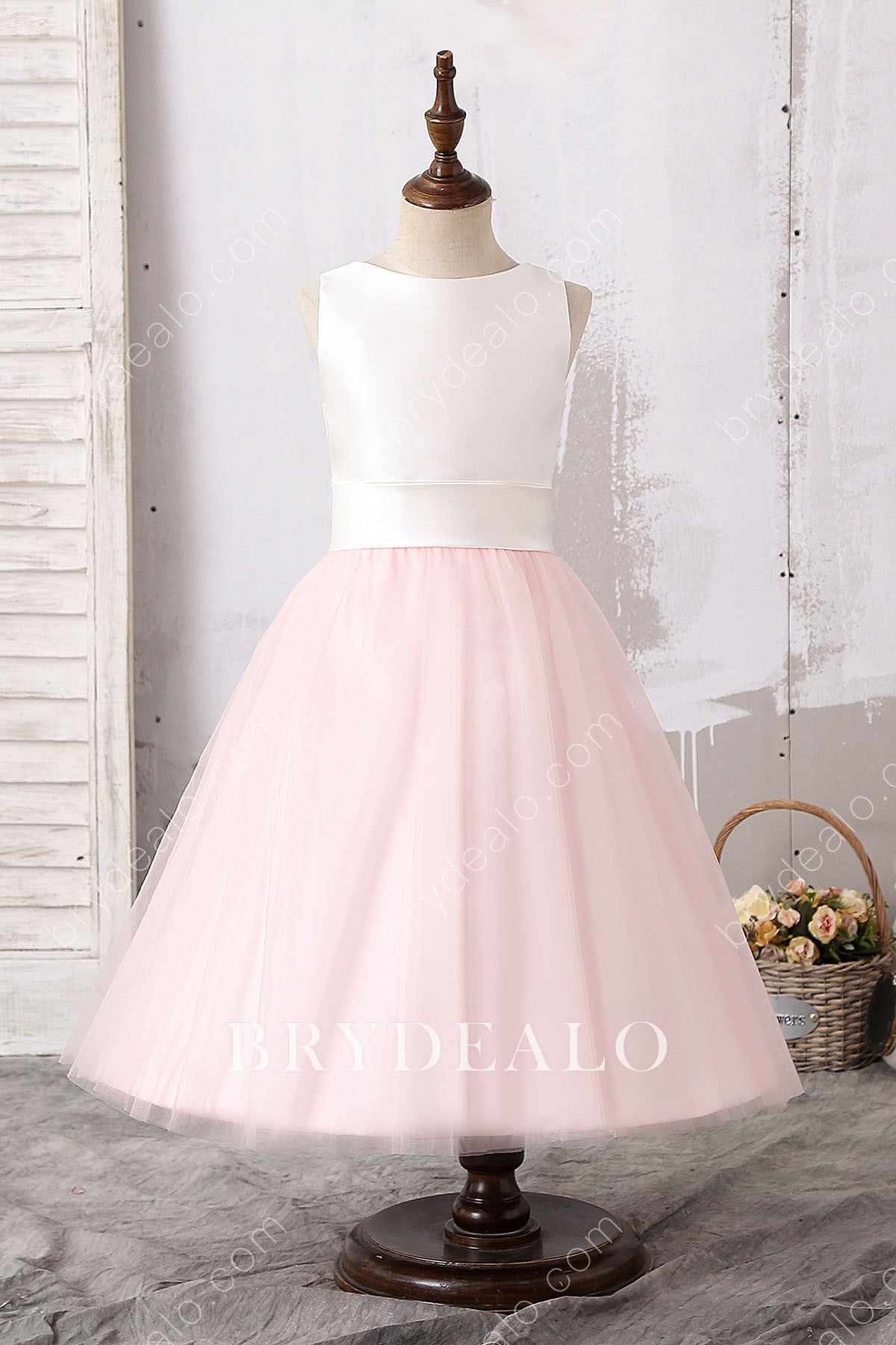 Two-tone Satin Tulle Tea Length Flower Girl Dress