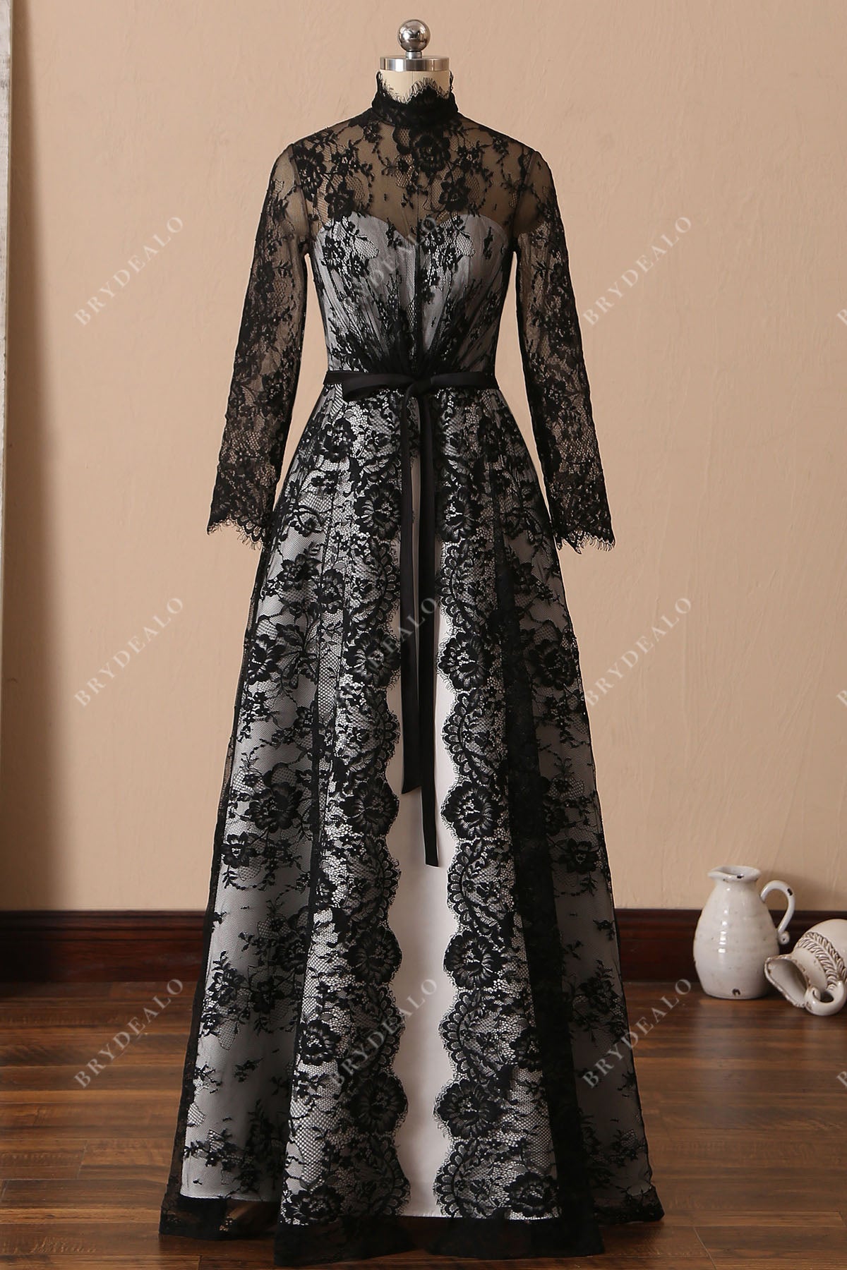 unique black lace ivory satin floor length sheer long sleeves bridal gown