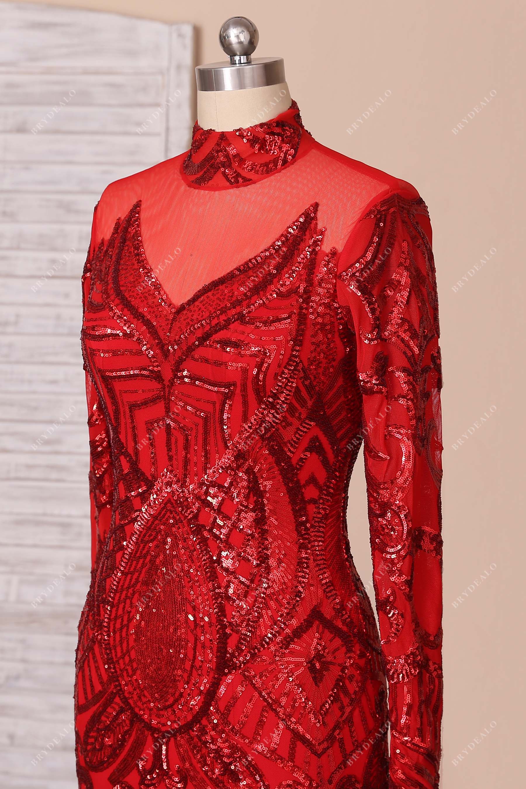 unique sequin red high neck prom dress