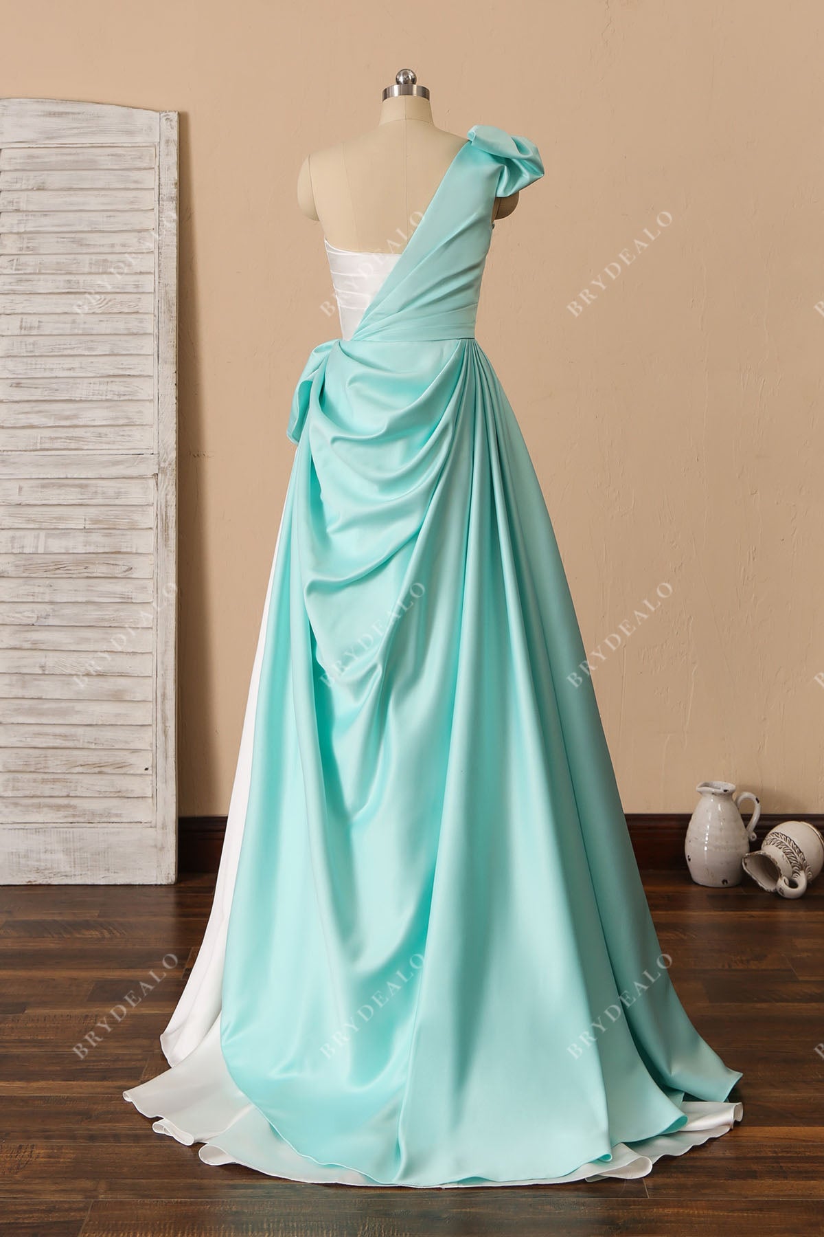 unique two-tone draped satin one shoulder ruched wedding gown