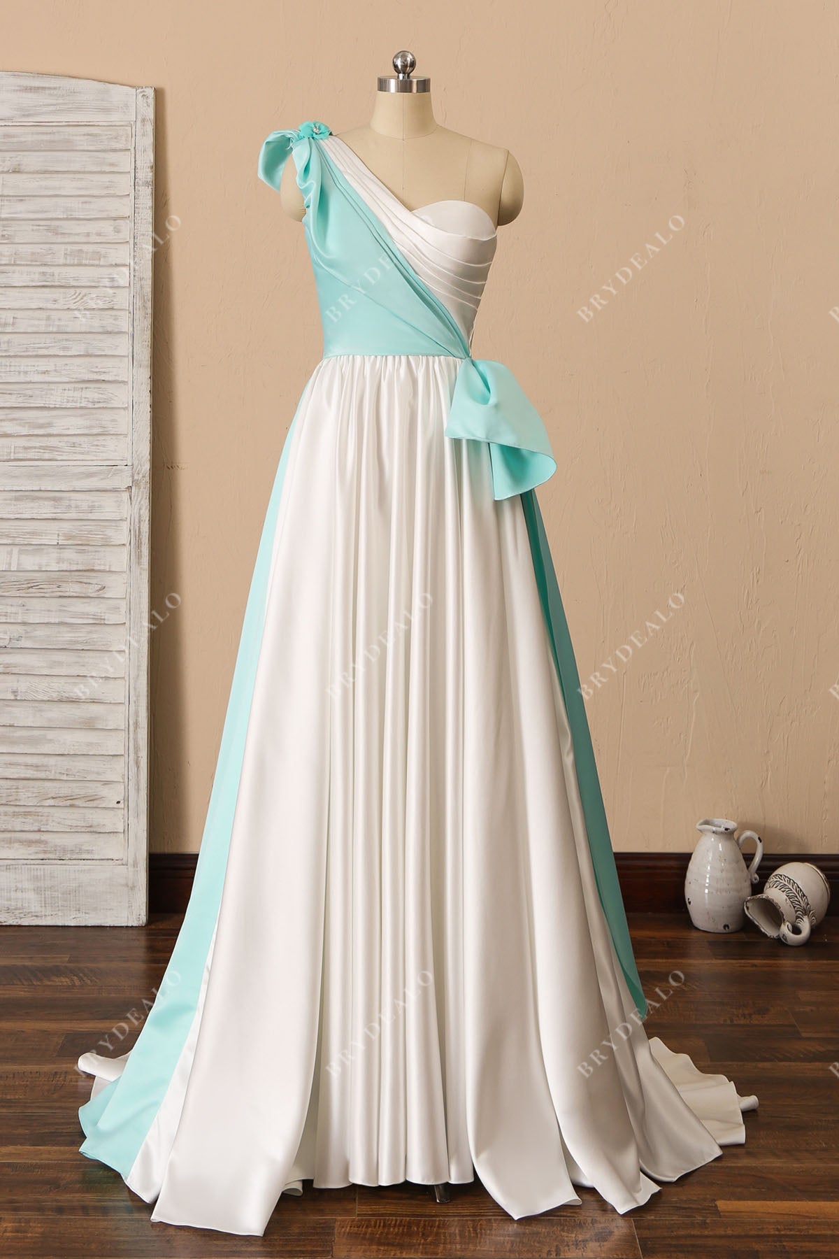 unique two-tone satin one shoulder ruched A-line wedding dress