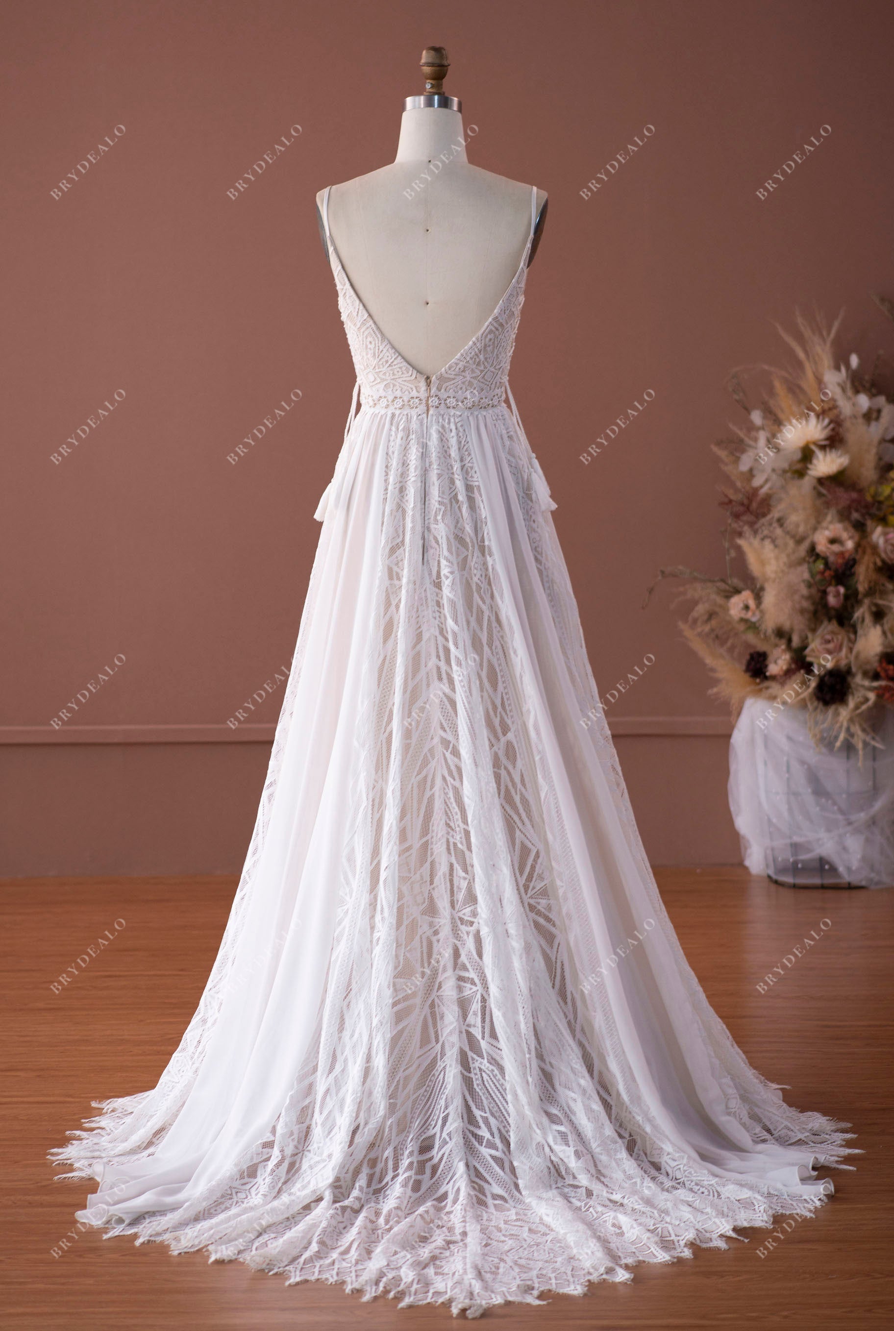v-back flowing lace chiffon boho wedding dress