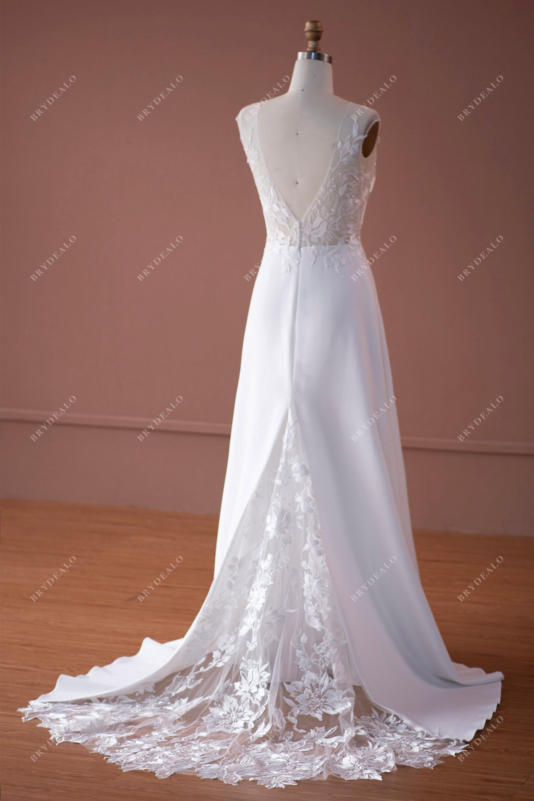 v-back illusion lace godet wedding dress