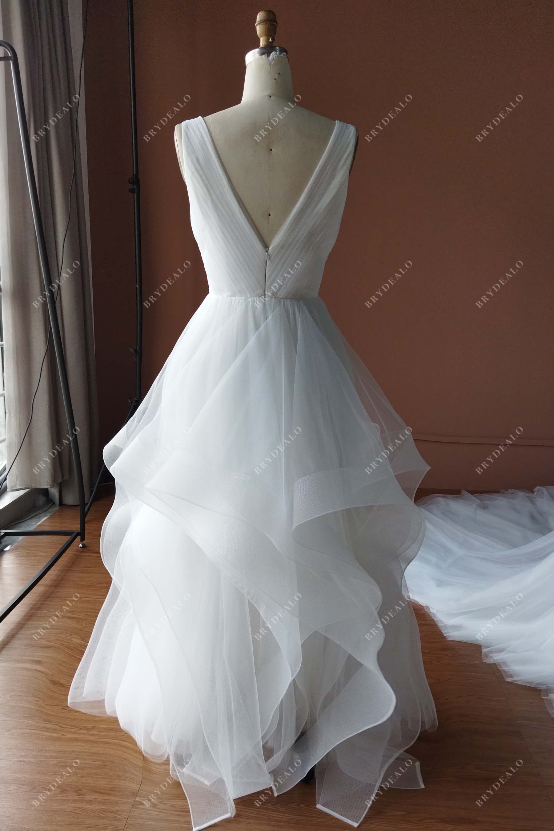 v-back tulle ruffled floor length wedding dress
