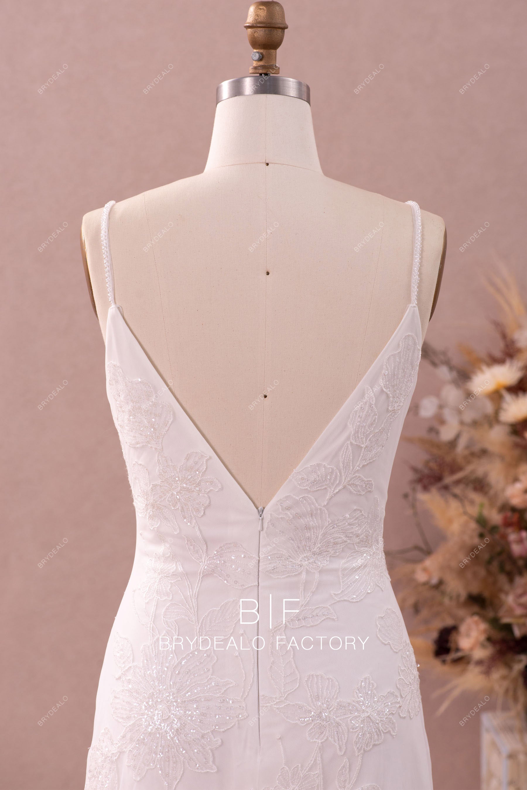 v-neck beaded straps wedding gown